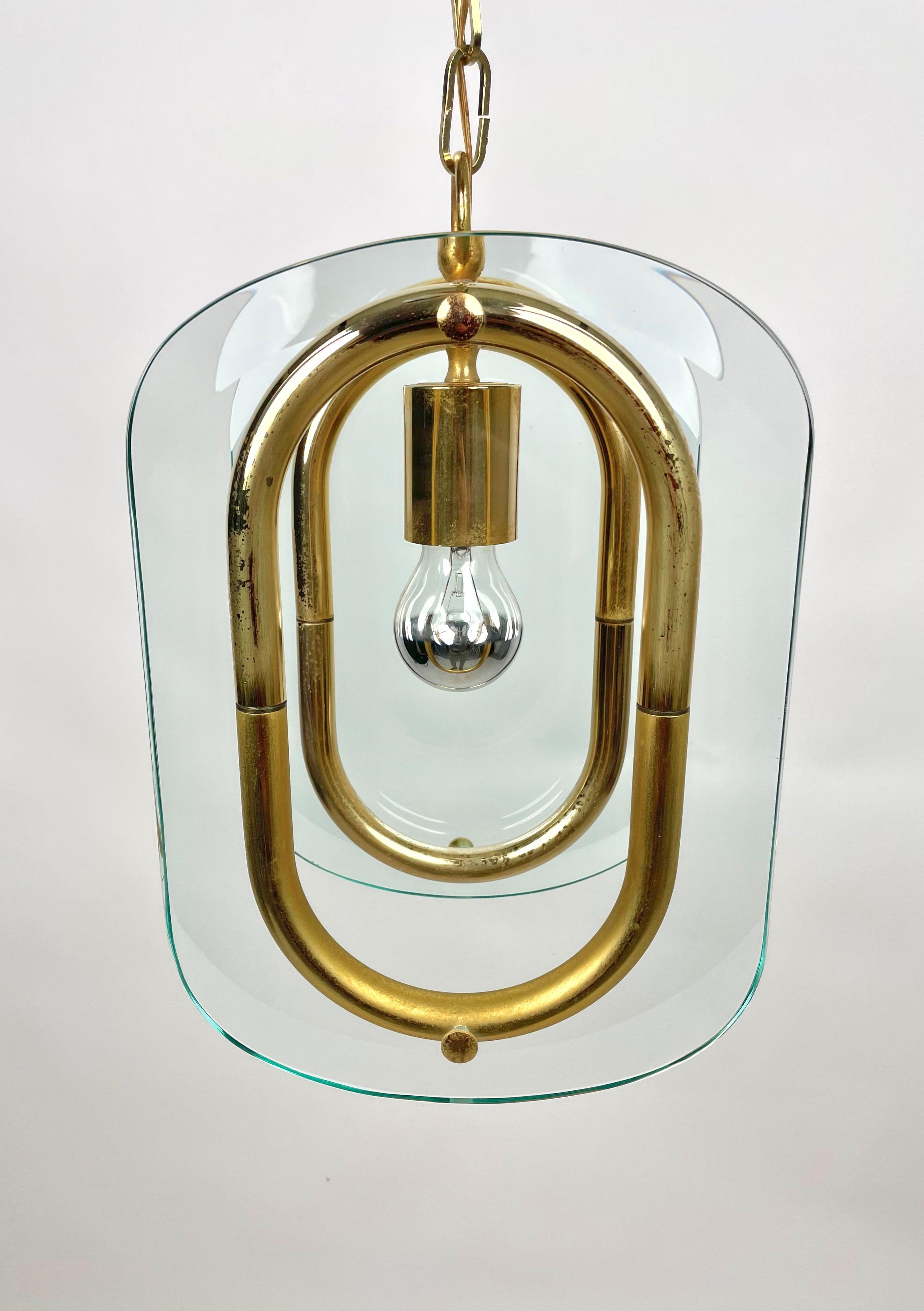 Brass and Glass Chandelier Fontana Arte Style, Italy, 1970s For Sale 10