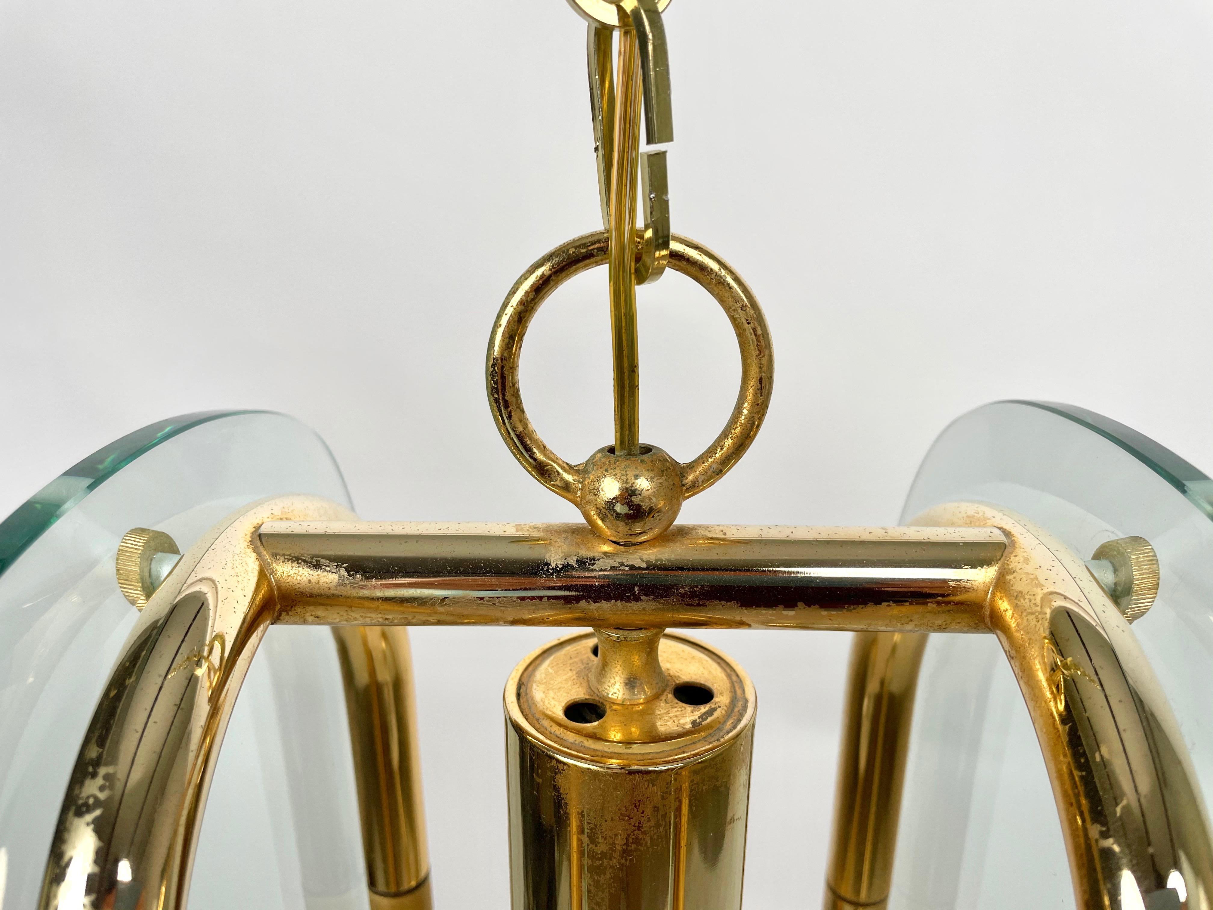 Brass and Glass Chandelier Fontana Arte Style, Italy, 1970s For Sale 11