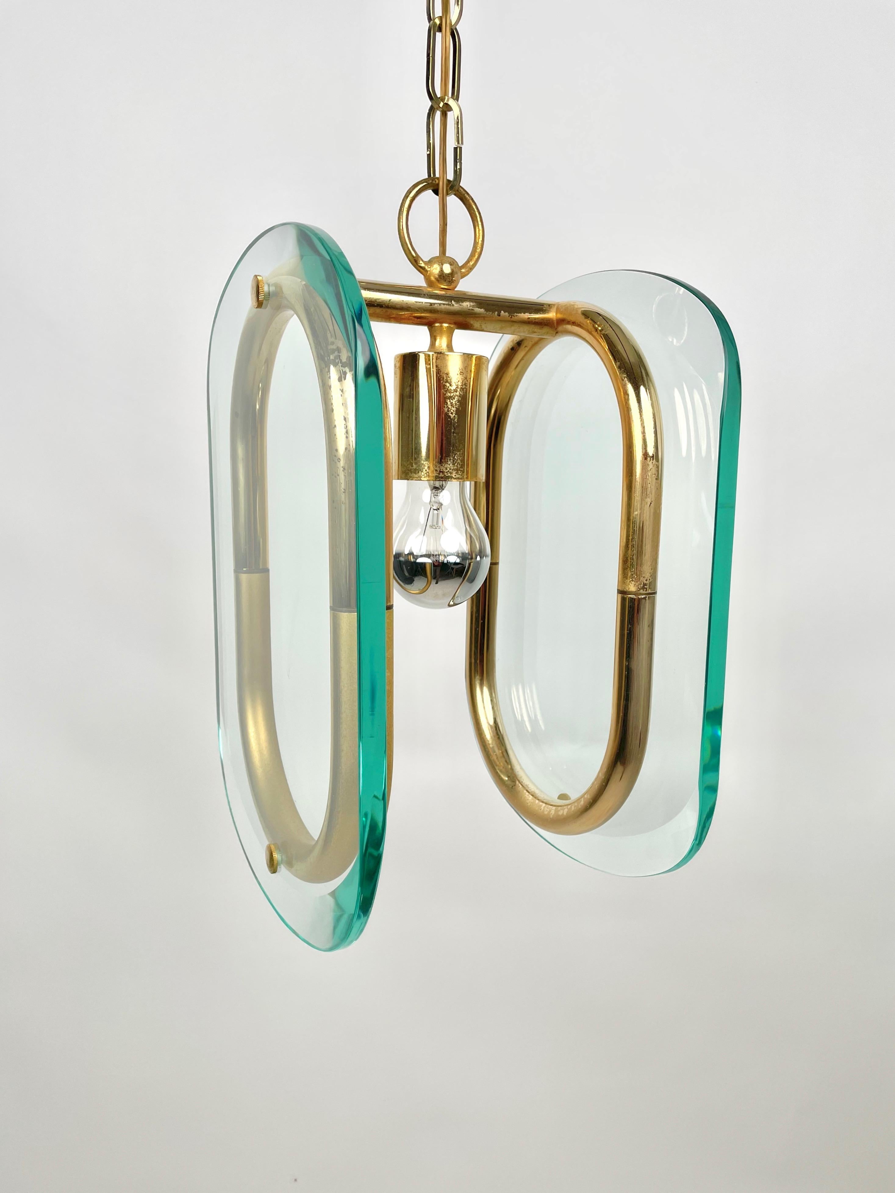 Mid-Century Modern Brass and Glass Chandelier Fontana Arte Style, Italy, 1970s For Sale