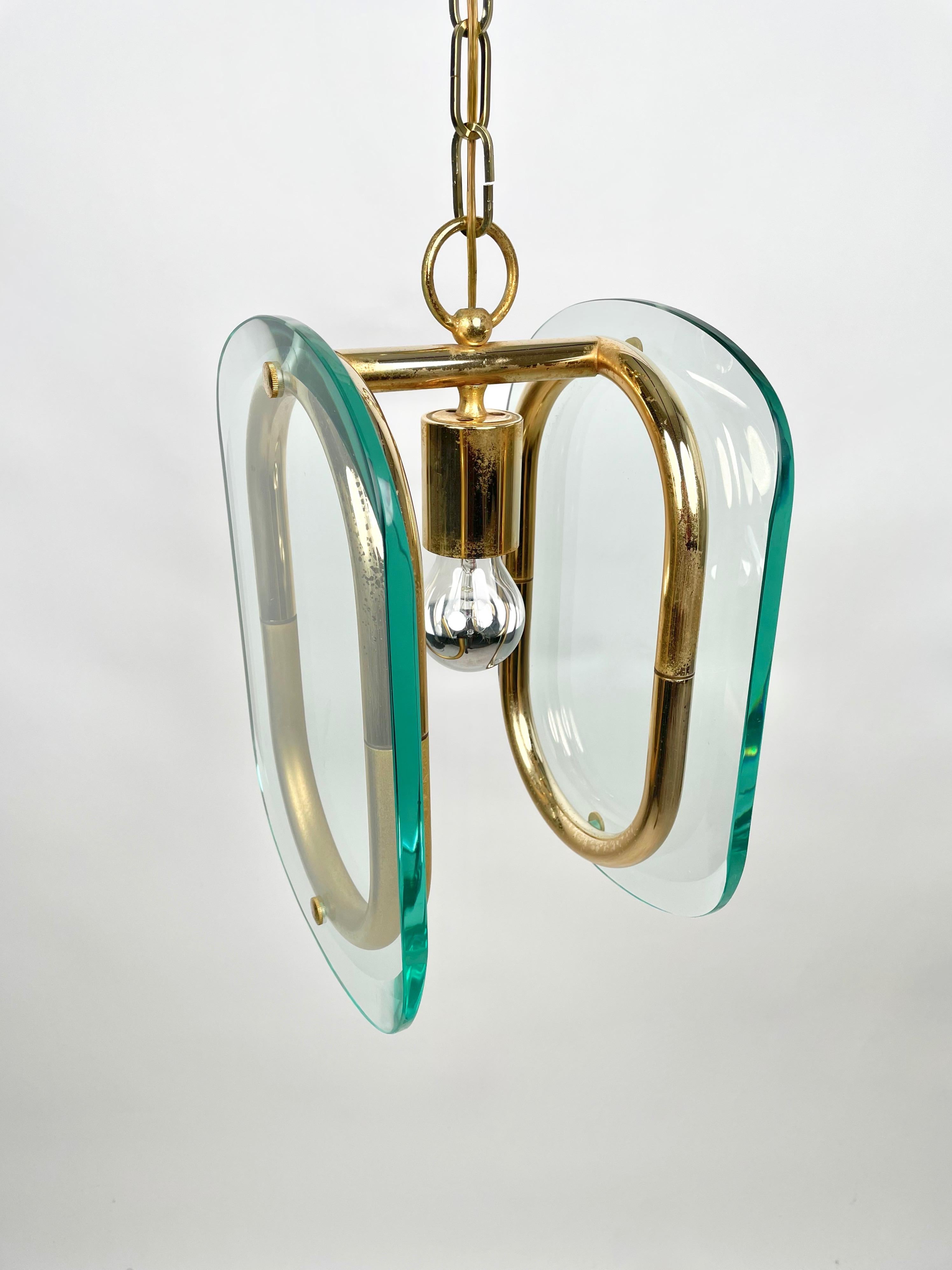 Italian Brass and Glass Chandelier Fontana Arte Style, Italy, 1970s For Sale