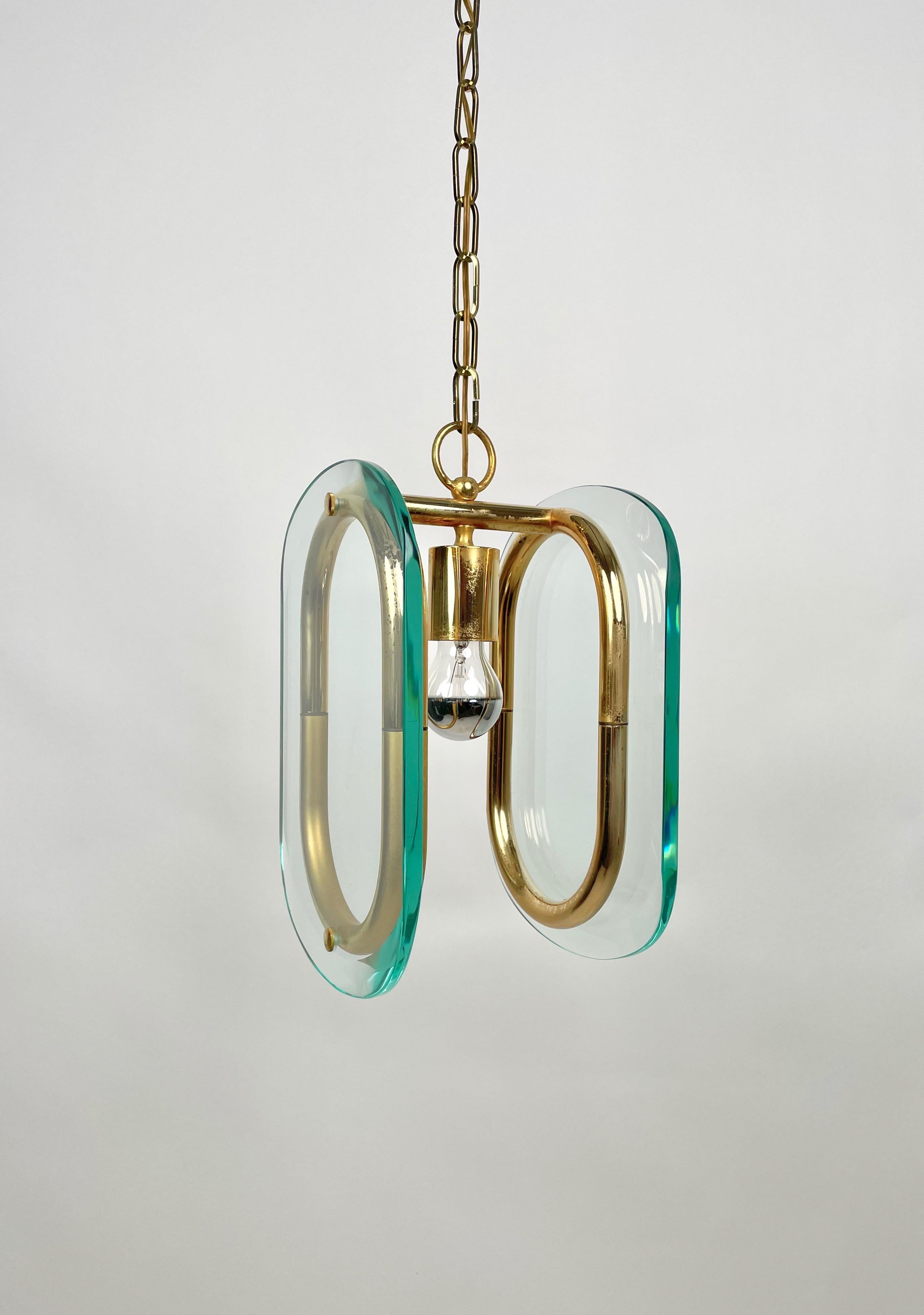 Late 20th Century Brass and Glass Chandelier Fontana Arte Style, Italy, 1970s For Sale
