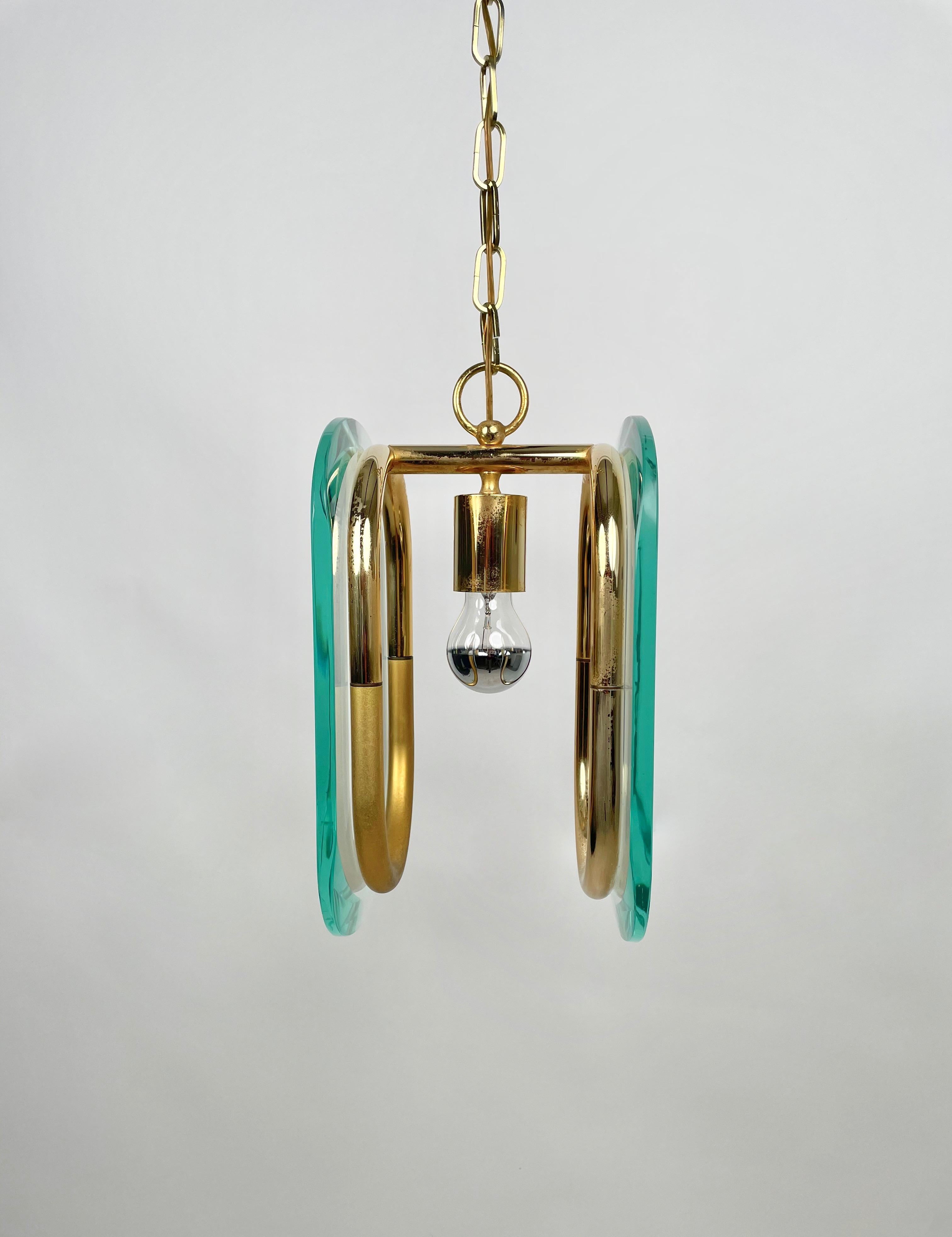 Metal Brass and Glass Chandelier Fontana Arte Style, Italy, 1970s For Sale