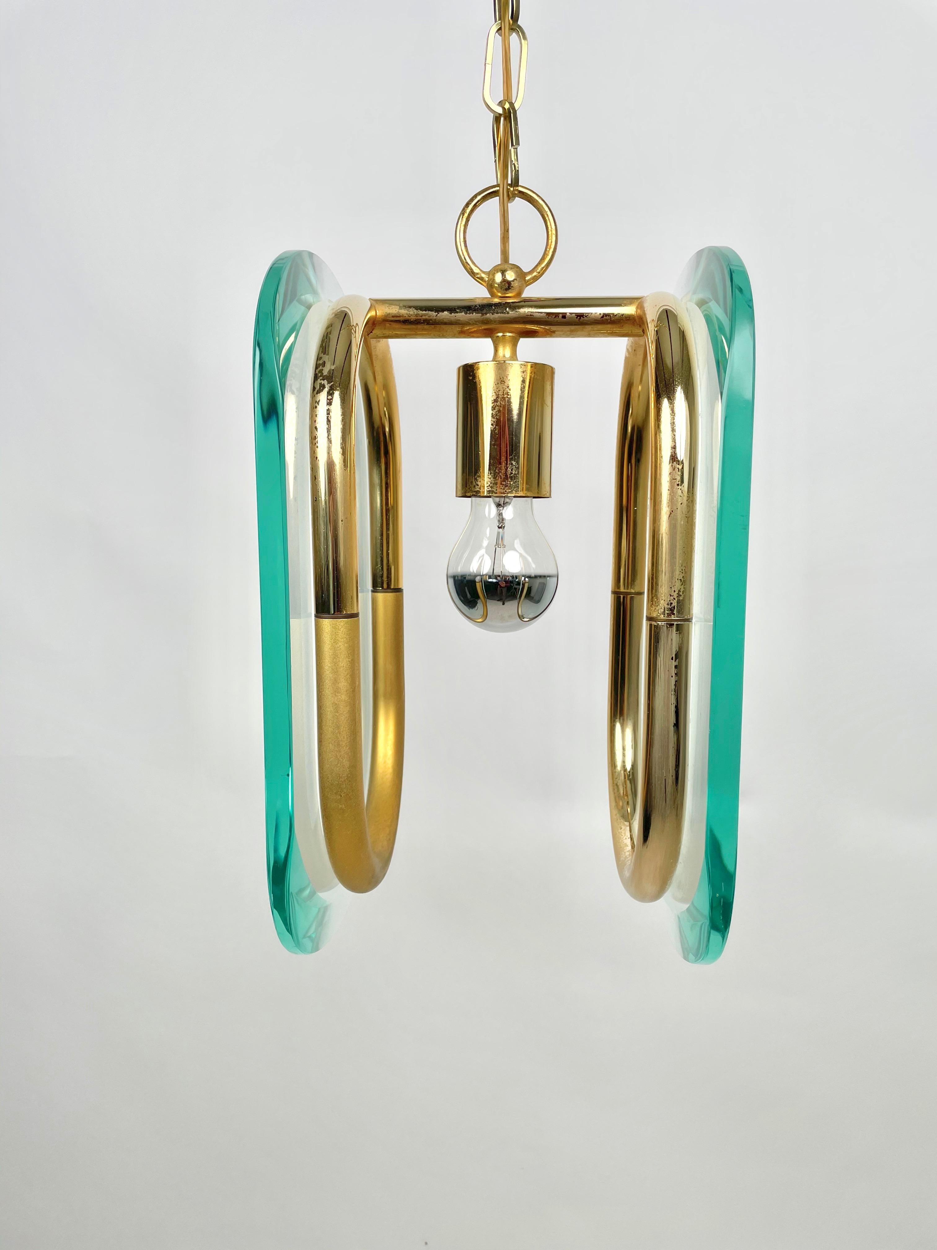 Brass and Glass Chandelier Fontana Arte Style, Italy, 1970s For Sale 1