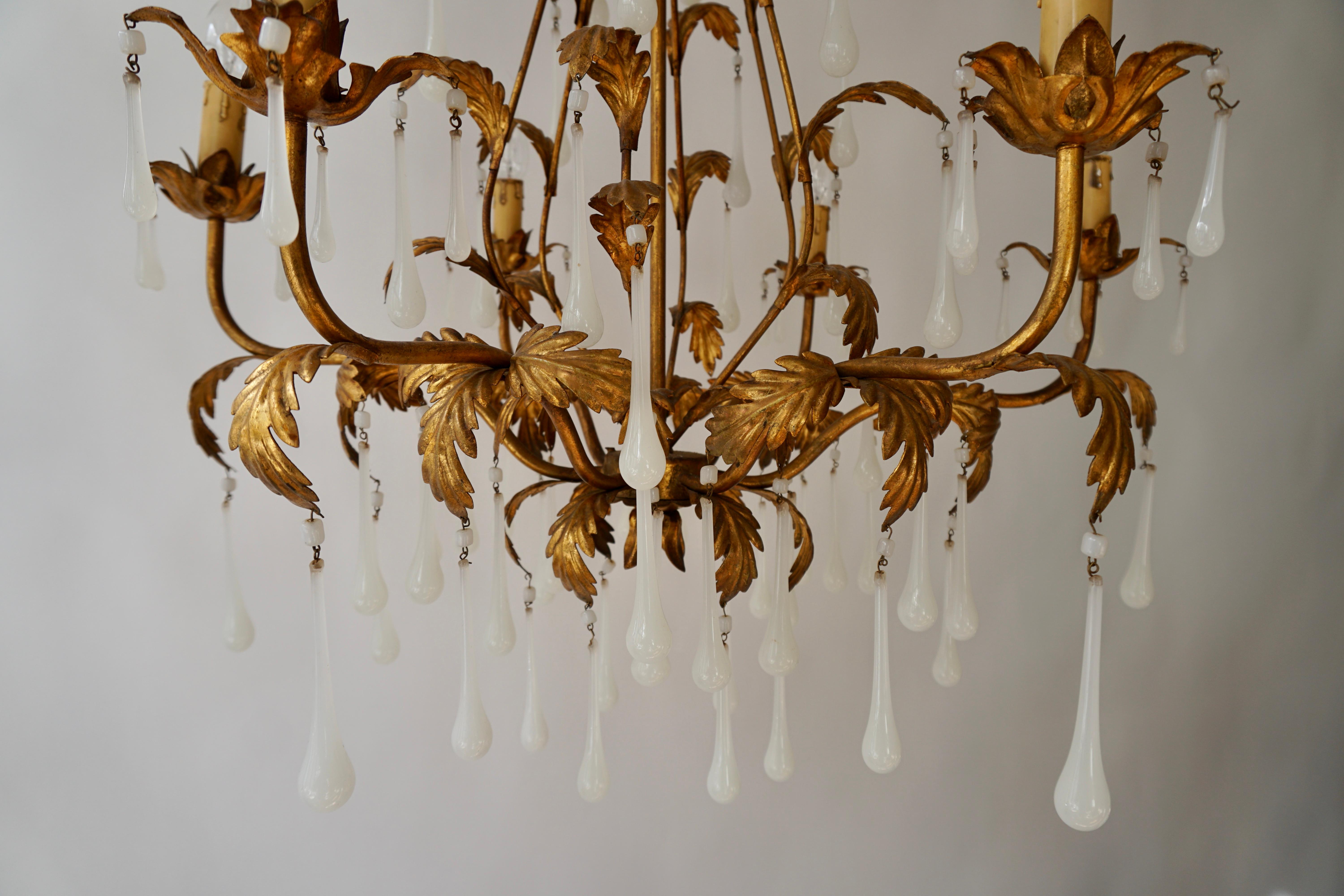 Brass and Opaline Glass Chandelier For Sale 4