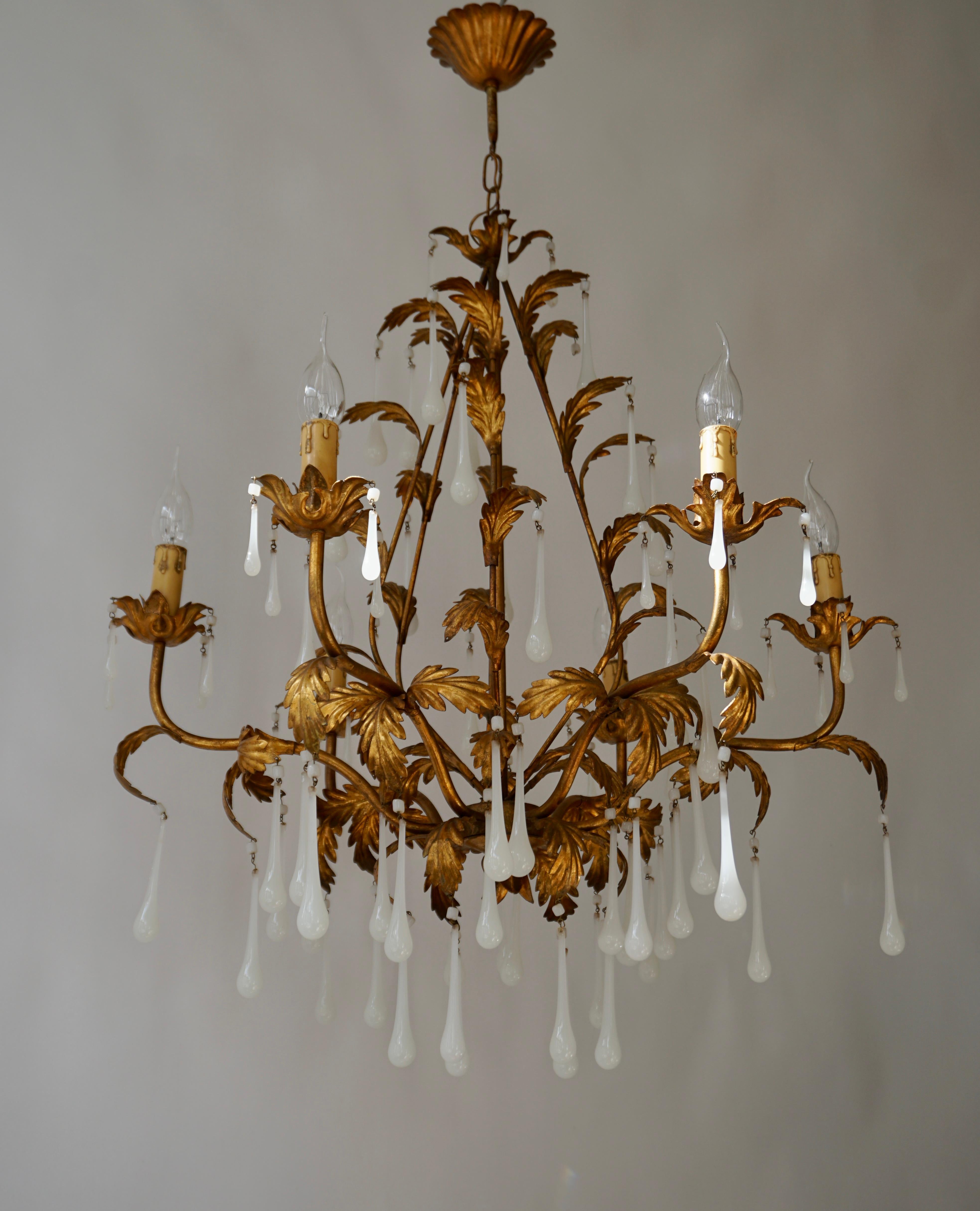 Mid-Century Modern Brass and Opaline Glass Chandelier For Sale