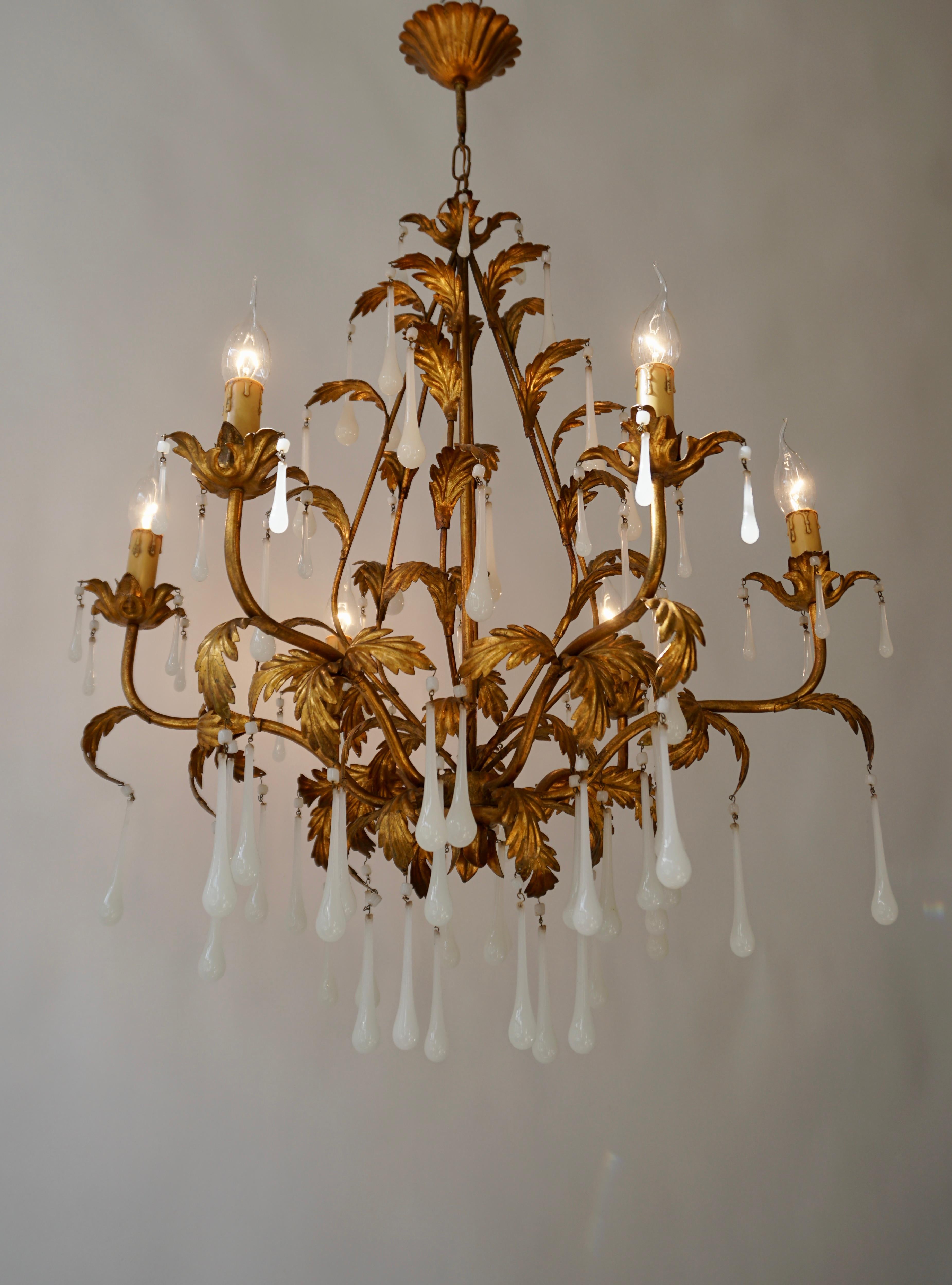 Brass and Opaline Glass Chandelier In Good Condition For Sale In Antwerp, BE