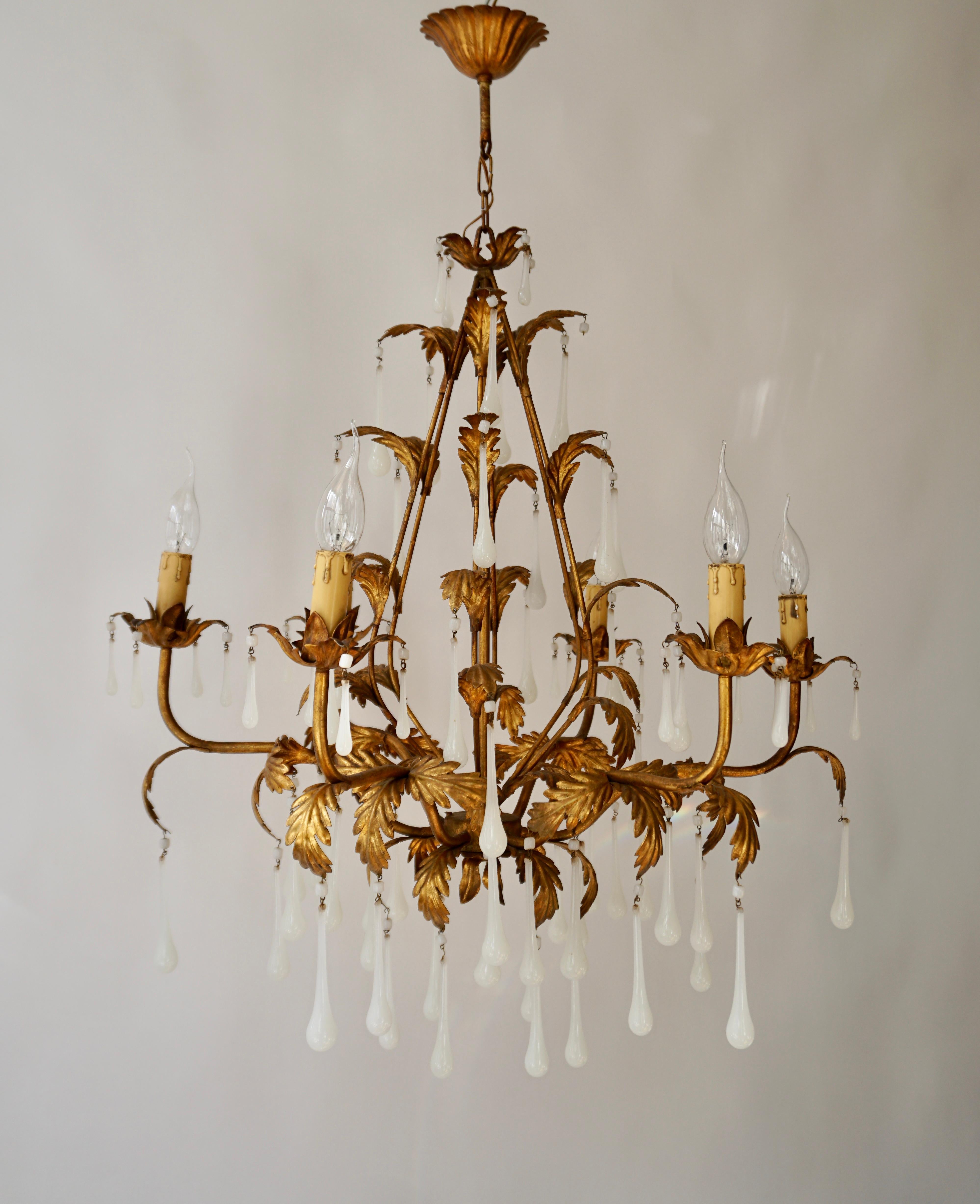 Brass and Opaline Glass Chandelier For Sale 1