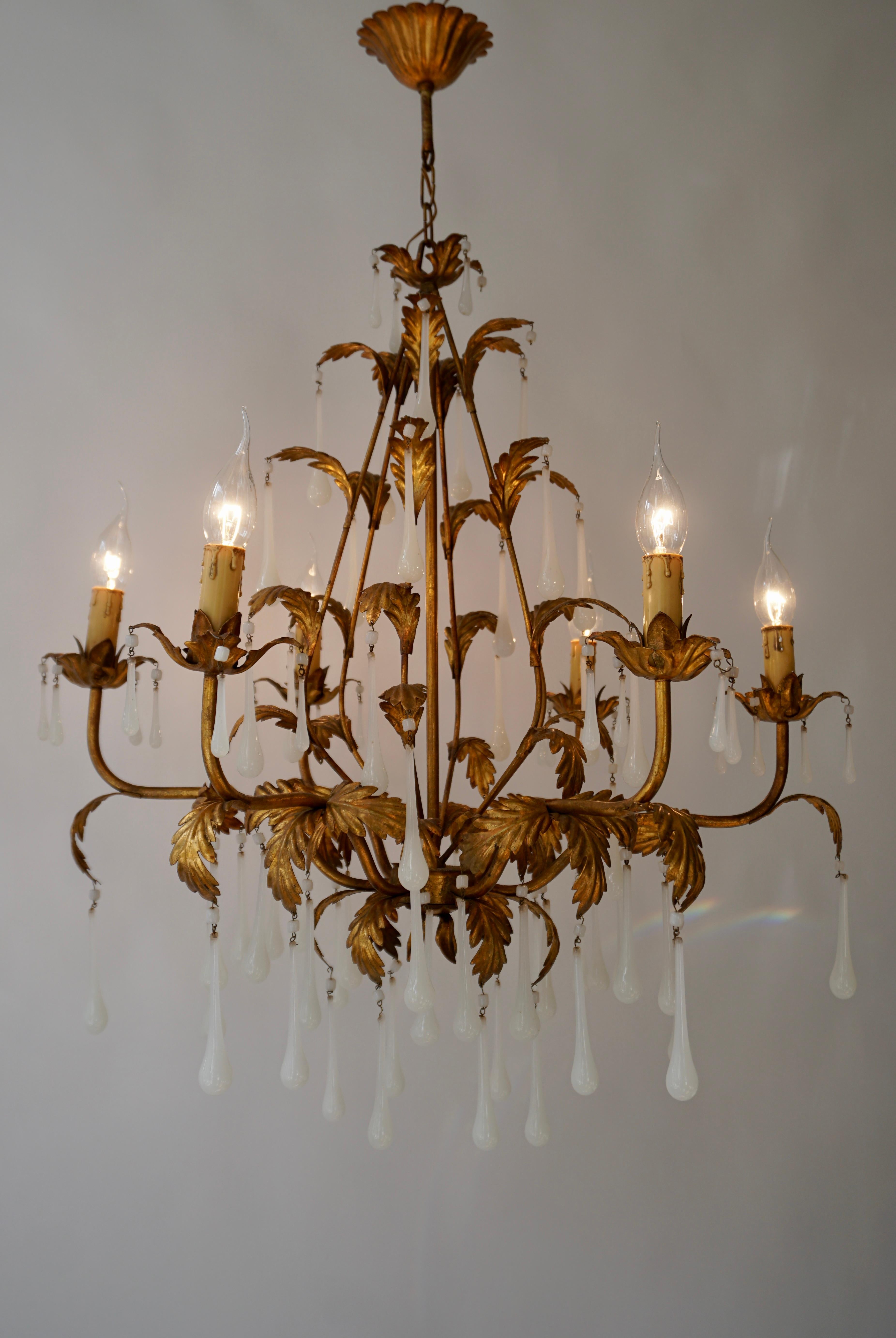 Brass and Opaline Glass Chandelier For Sale 2