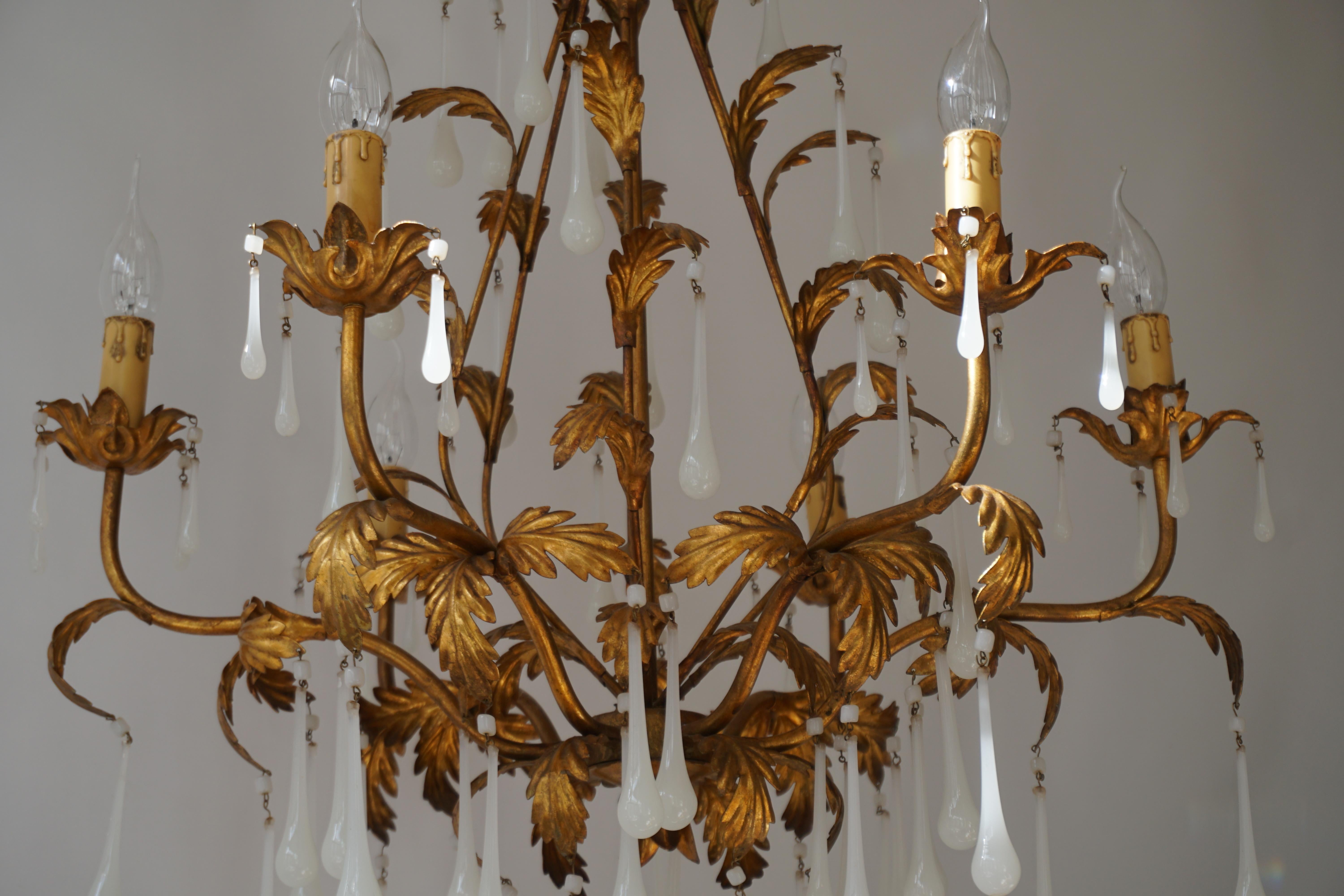 Brass and Opaline Glass Chandelier For Sale 3