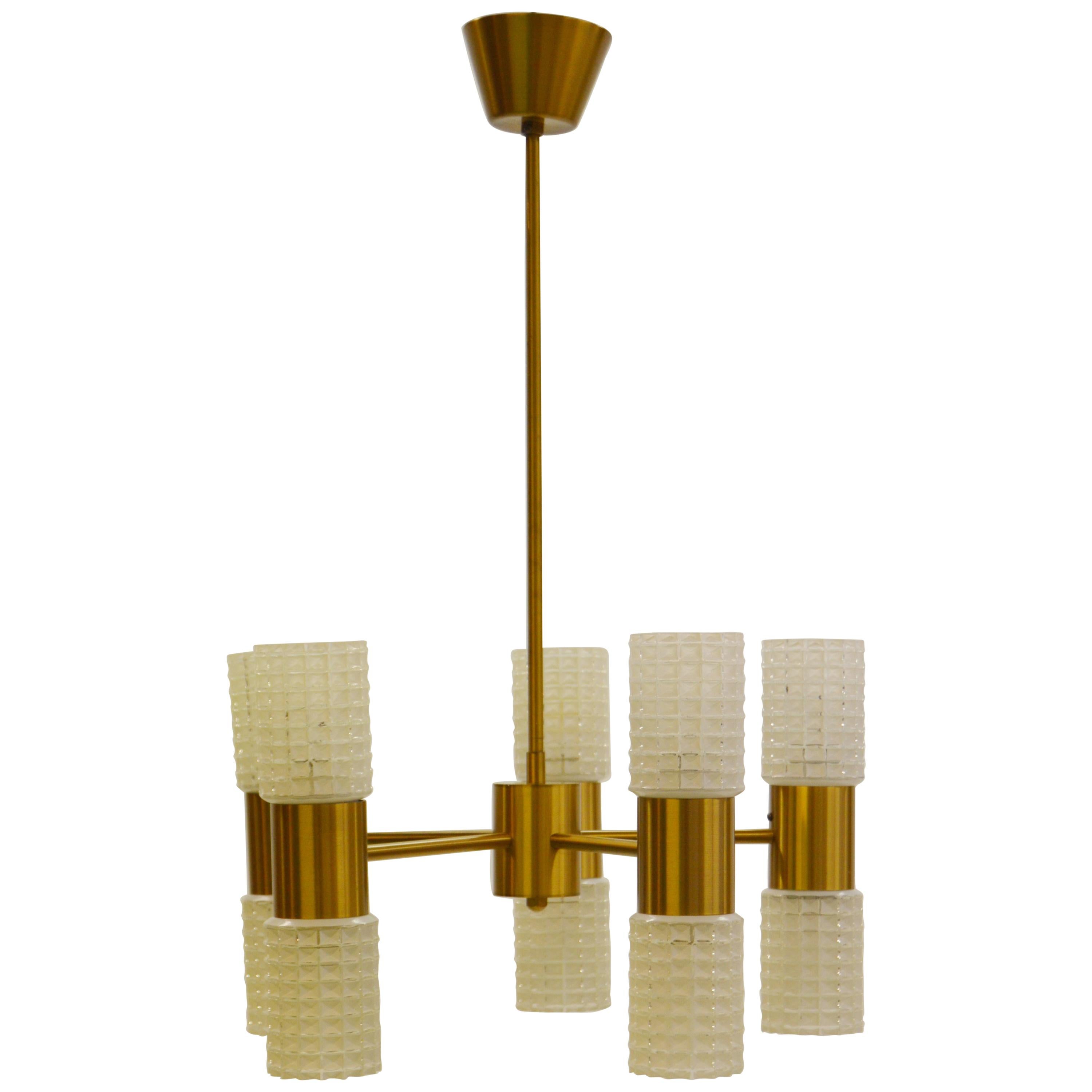 Brass and Glass Chandelier For Sale