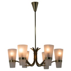 Lampadario in ottone e vetro in stile Lyfa, Danimarca, anni '70