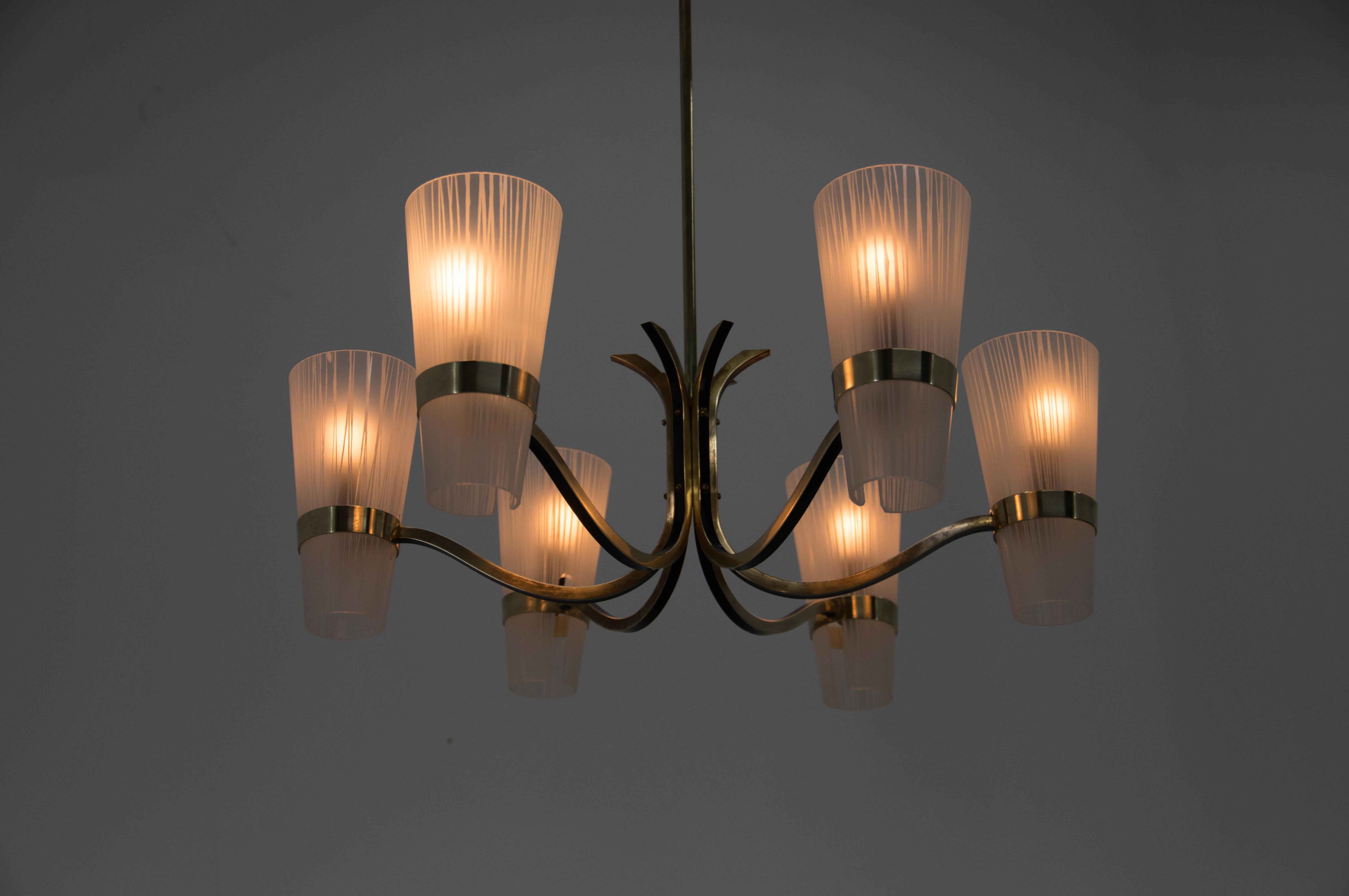 Late 20th Century Brass and Glass Chandelier in Lyfa Style, Denmark, 1970s For Sale