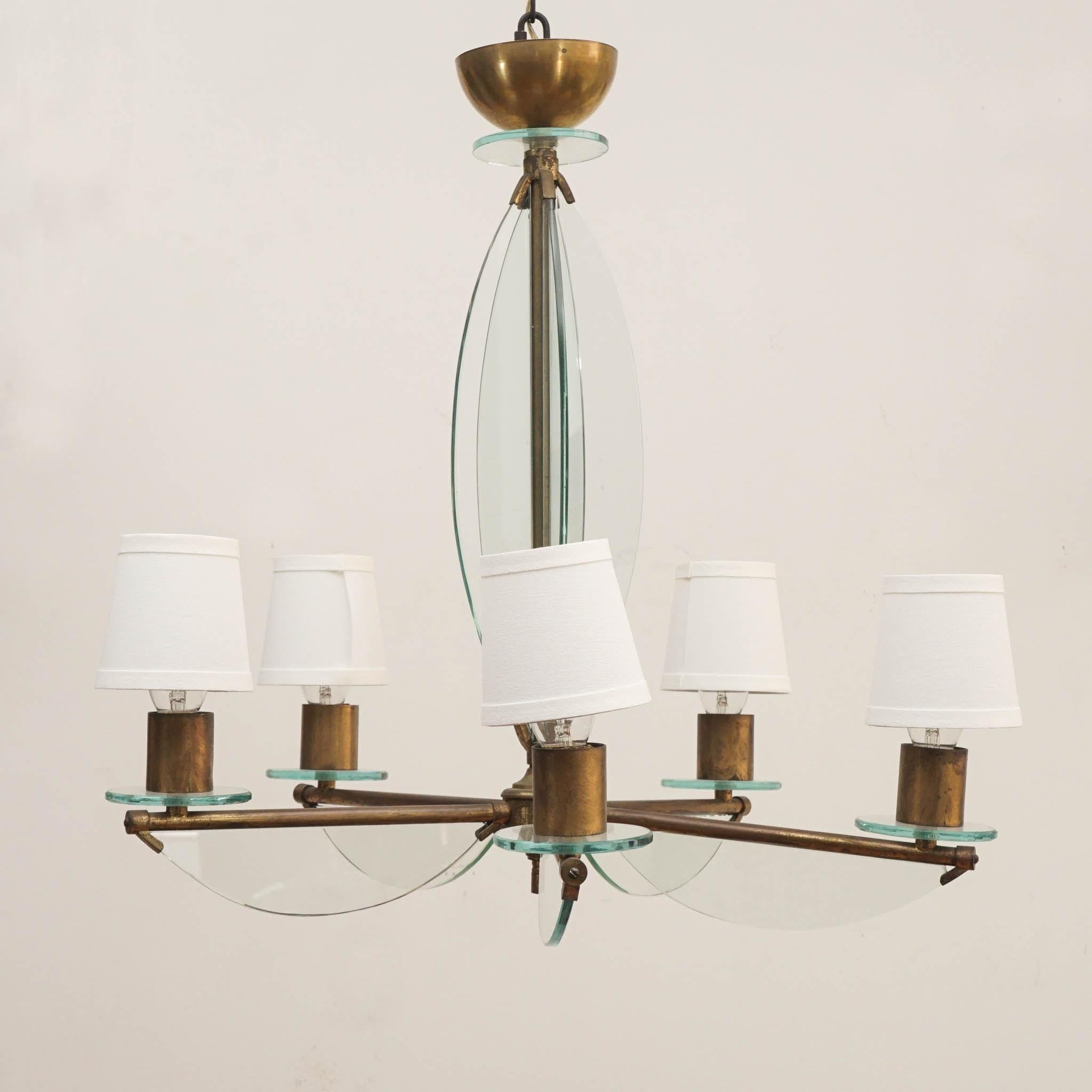 Brass and Glass Chandelier in the Manner of Fontana Arte For Sale 3
