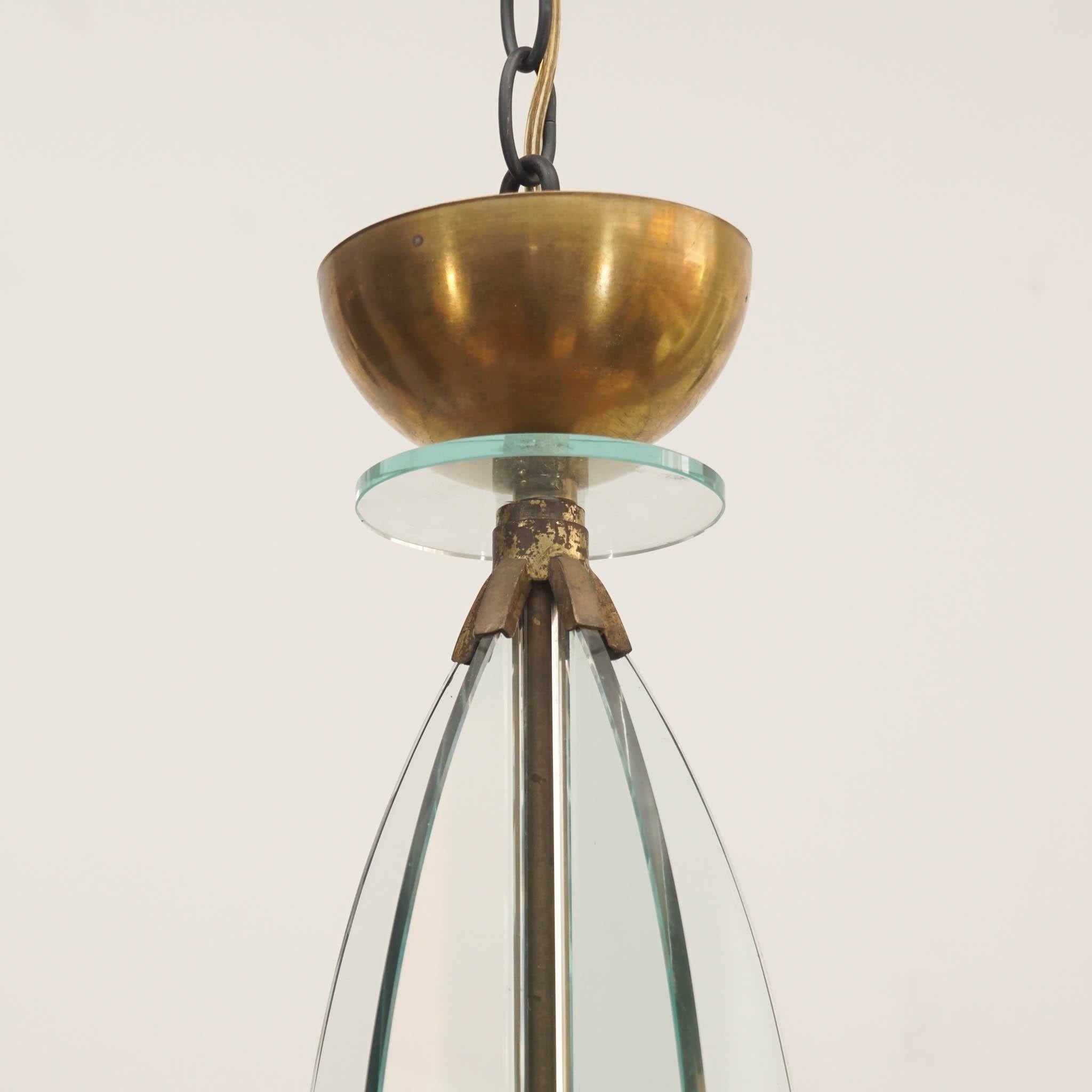 Italian Brass and Glass Chandelier in the Manner of Fontana Arte For Sale