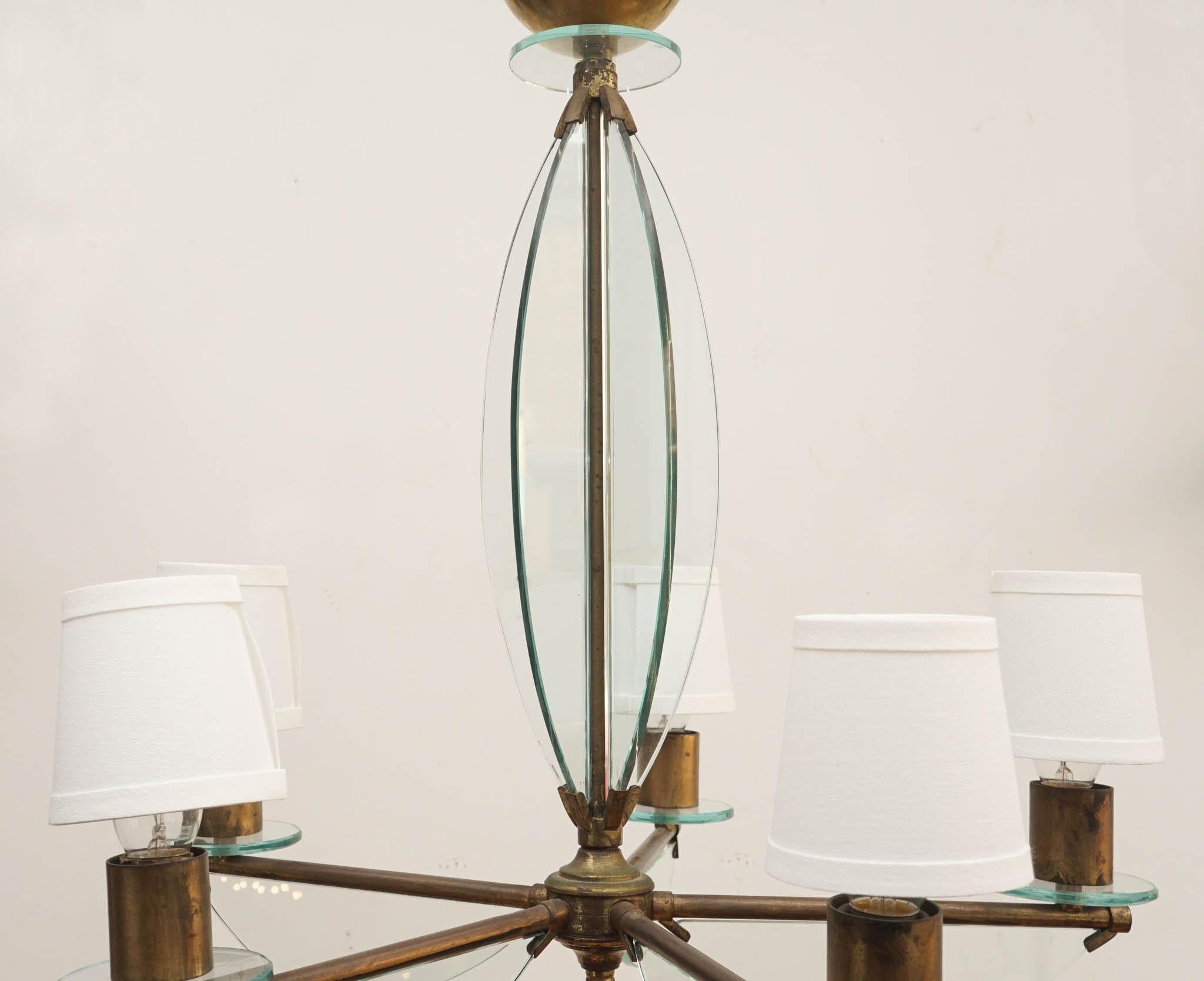 Hand-Crafted Brass and Glass Chandelier in the Manner of Fontana Arte For Sale