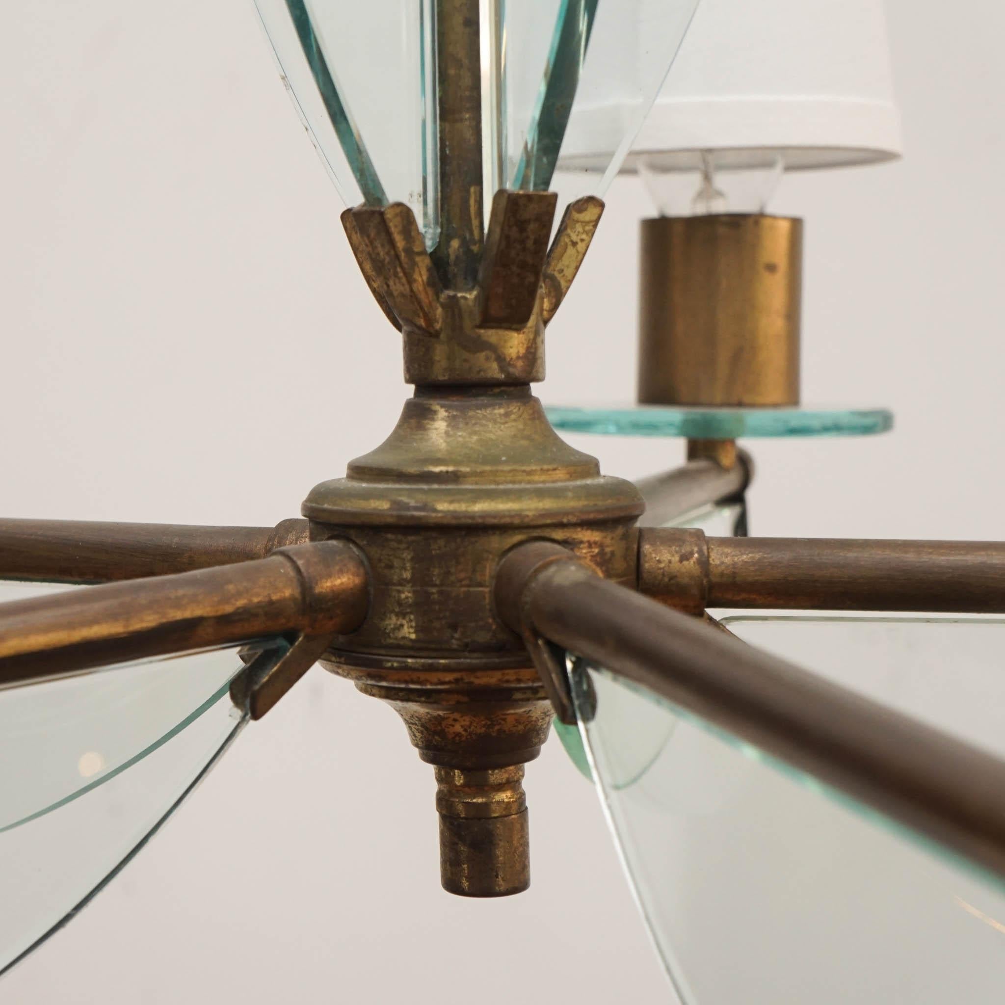 Mid-20th Century Brass and Glass Chandelier in the Manner of Fontana Arte For Sale