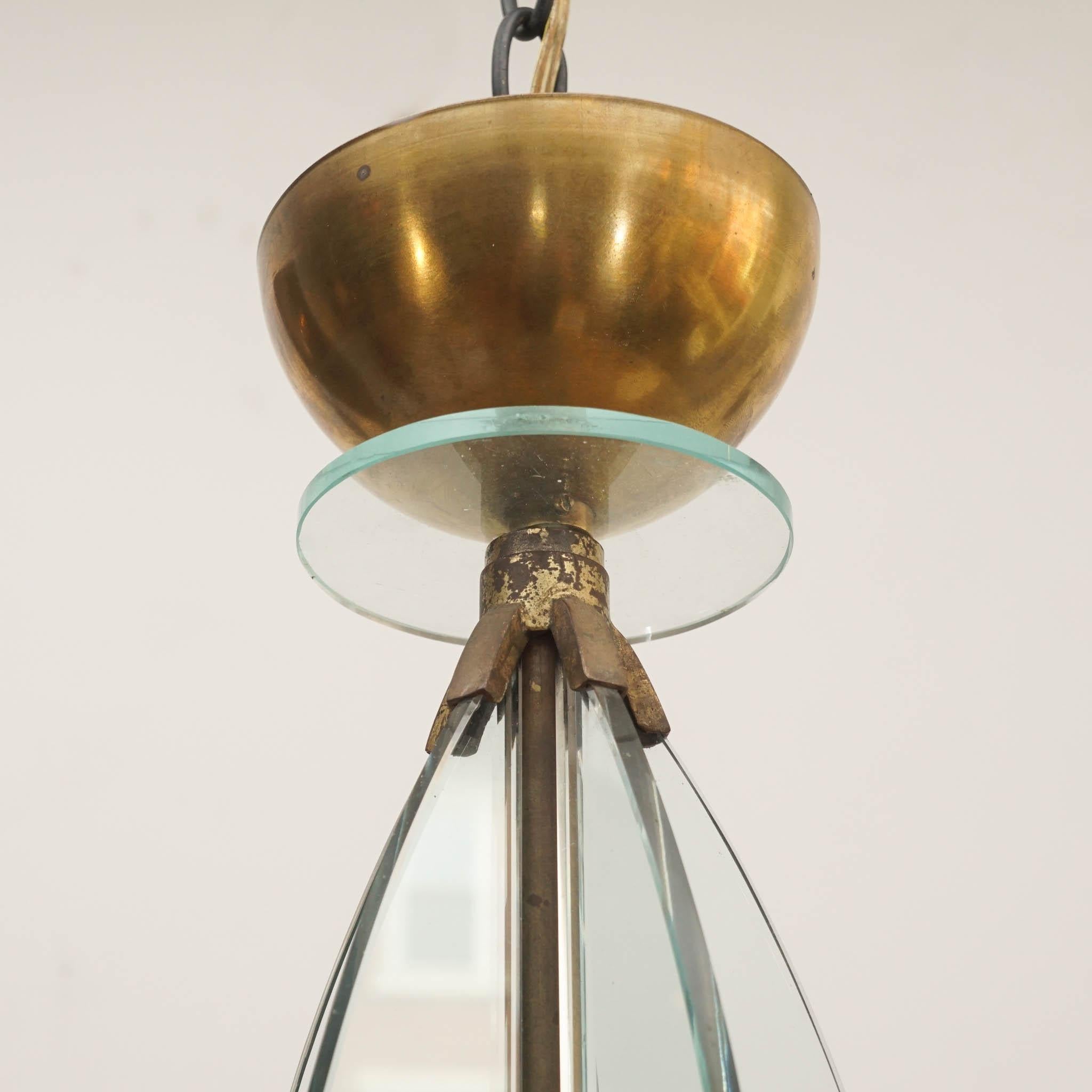 Metal Brass and Glass Chandelier in the Manner of Fontana Arte For Sale