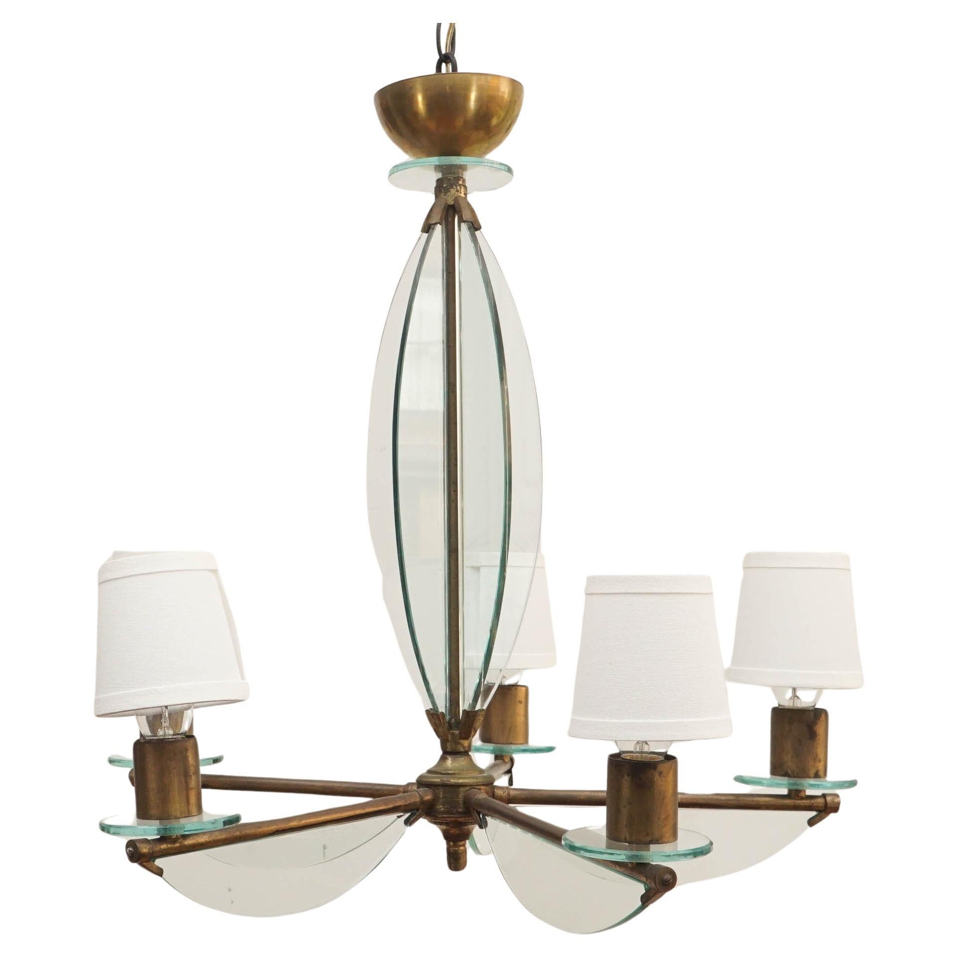 Brass and Glass Chandelier in the Manner of Fontana Arte For Sale