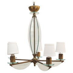 Vintage Brass and Glass Chandelier in the Manner of Fontana Arte