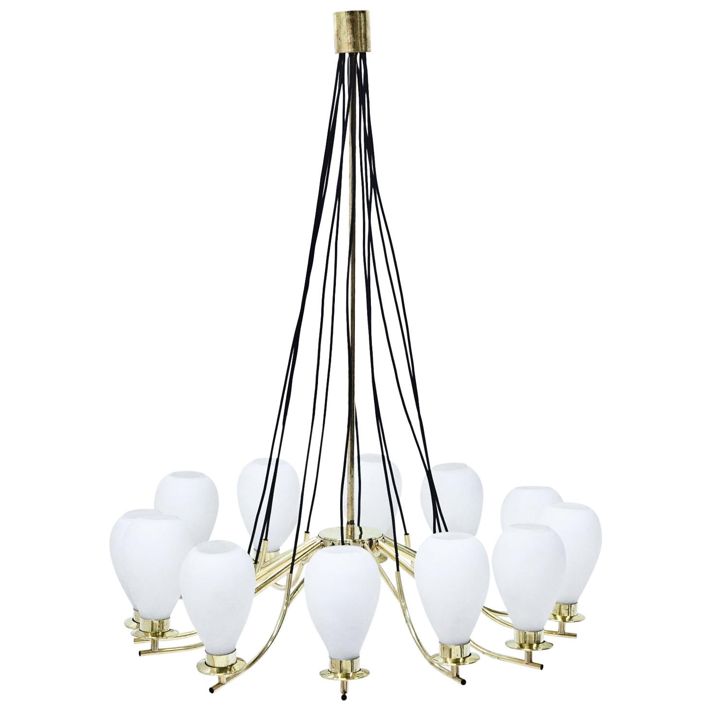 Brass and Glass Chandelier, Italy, Mid-20th Century For Sale