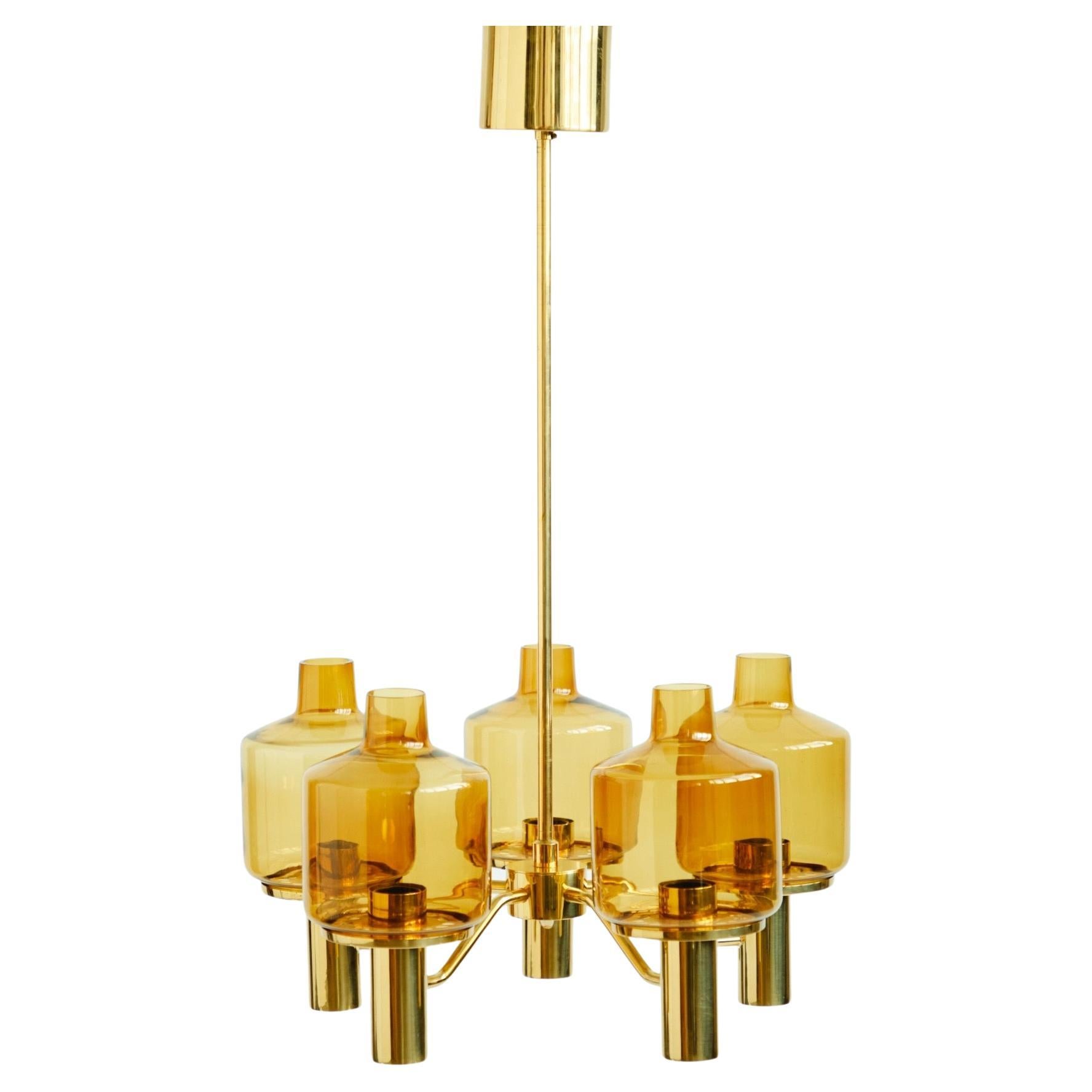 Pair of Brass and Glass Five Lights Chandeliers by Hans Agne Jakobsson