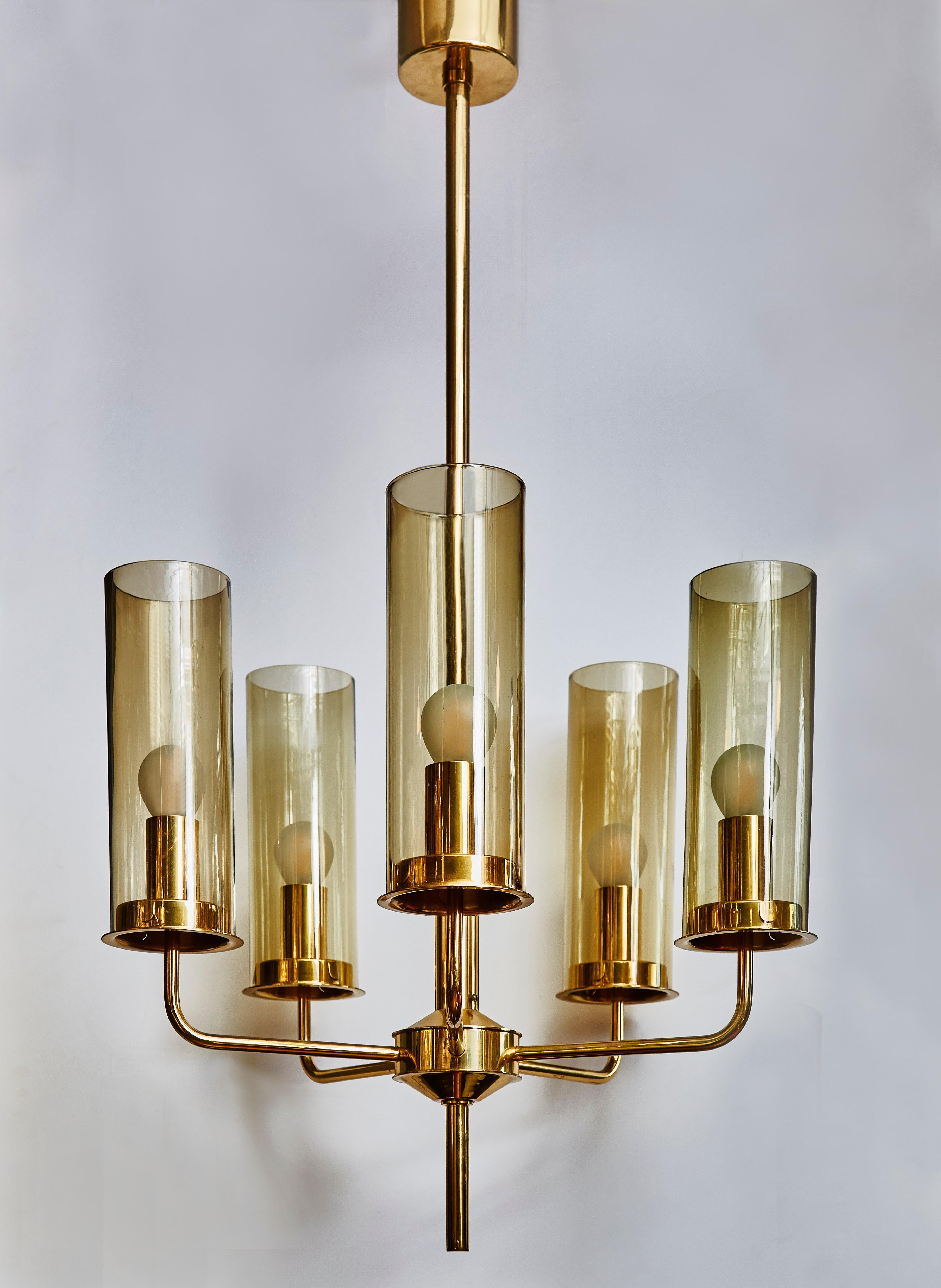 Scandinavian Modern Brass and Glass Chandelier T434-5 by Hans Agne Jakobsson For Sale