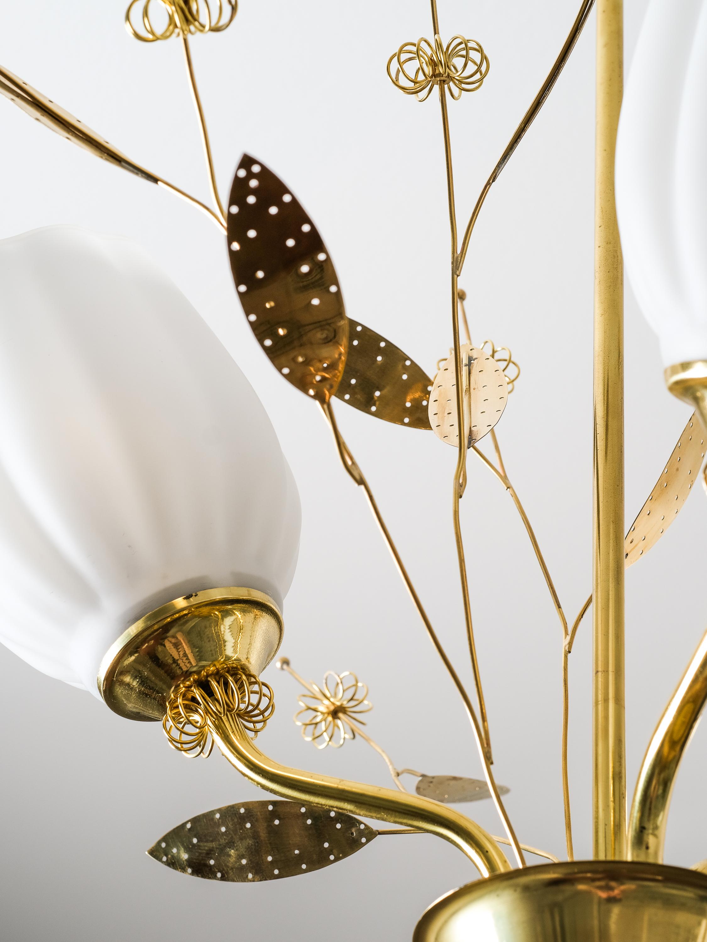 Brass and Glass Chandelier with Floral Details by Itsu, Finland, 1950s 4