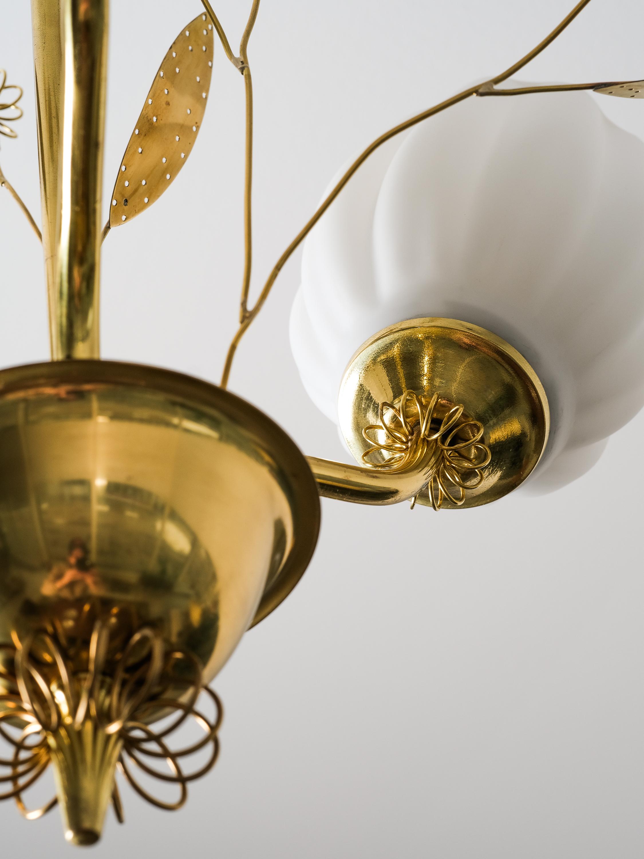 Brass and Glass Chandelier with Floral Details by Itsu, Finland, 1950s 5