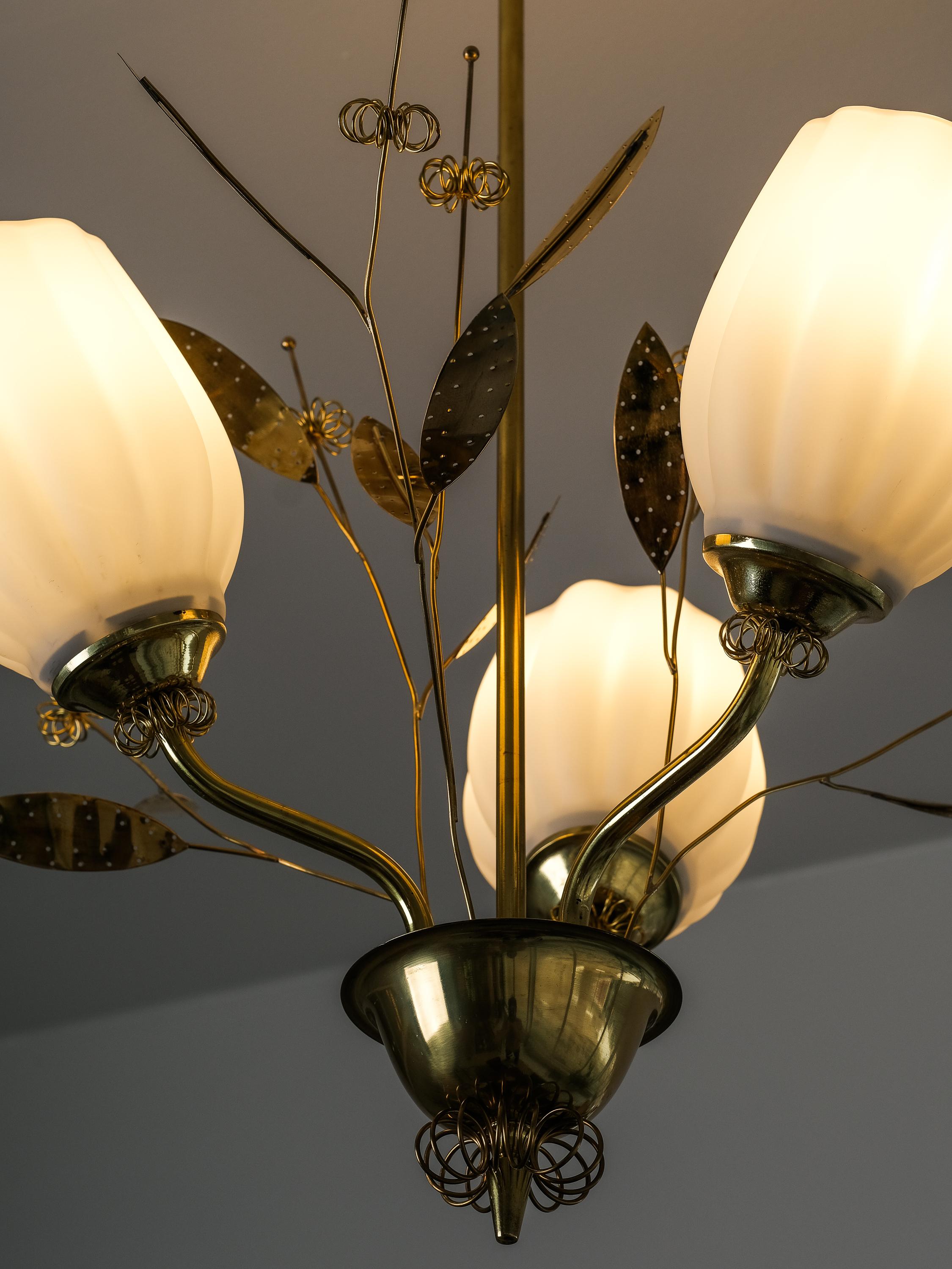 Brass and Glass Chandelier with Floral Details by Itsu, Finland, 1950s 6