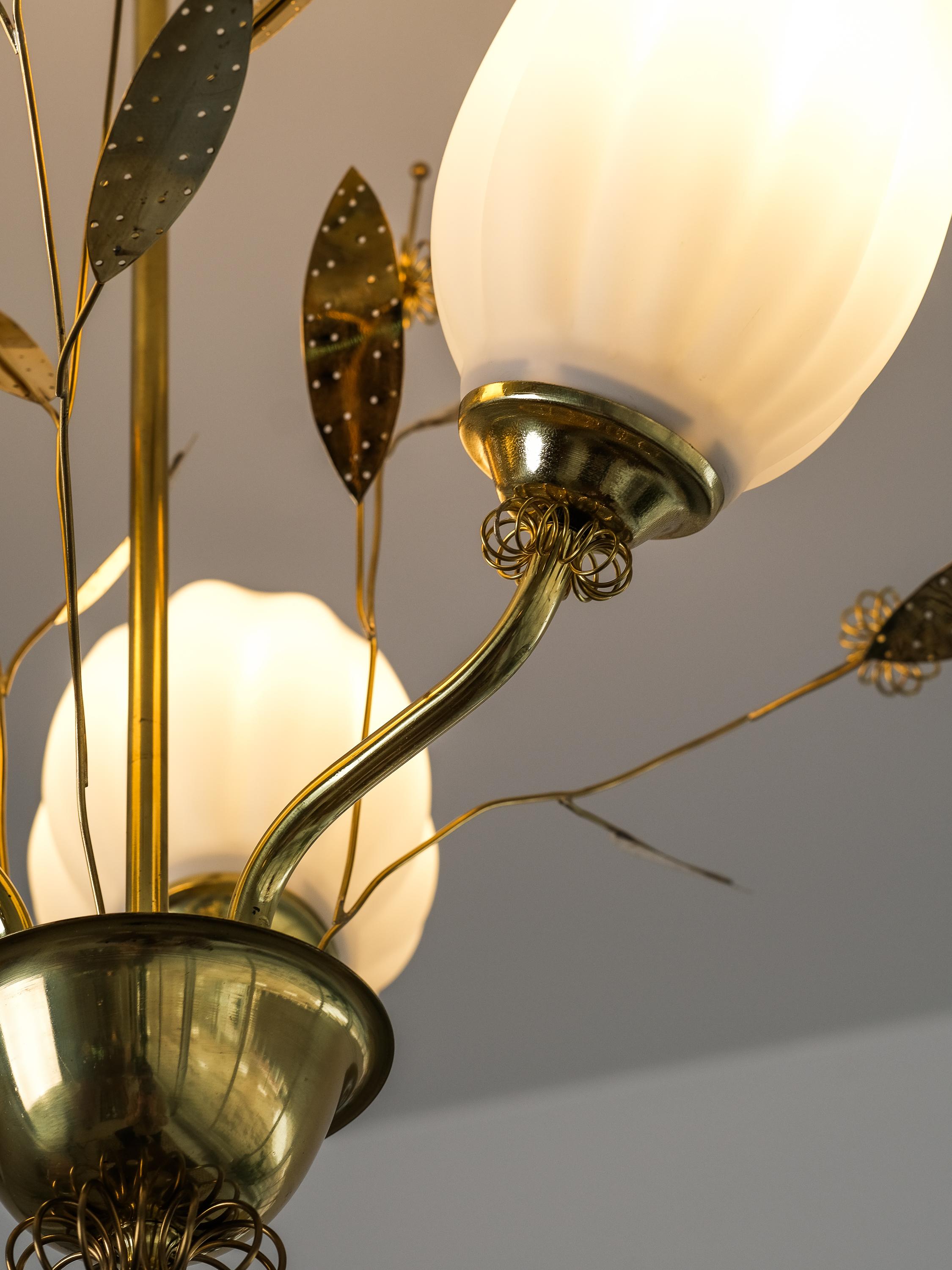 Brass and Glass Chandelier with Floral Details by Itsu, Finland, 1950s 7