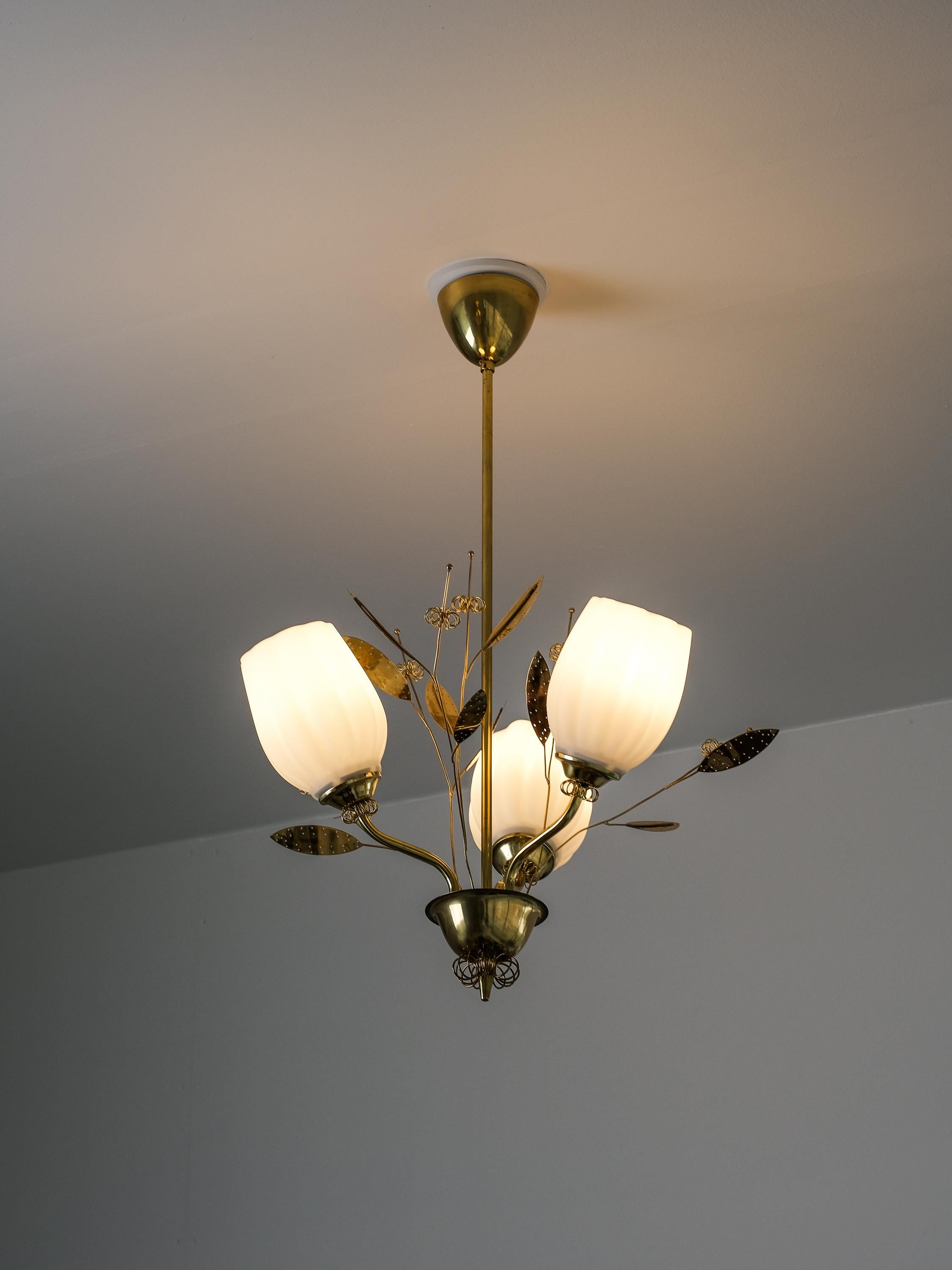 Brass and Glass Chandelier with Floral Details by Itsu, Finland, 1950s 8