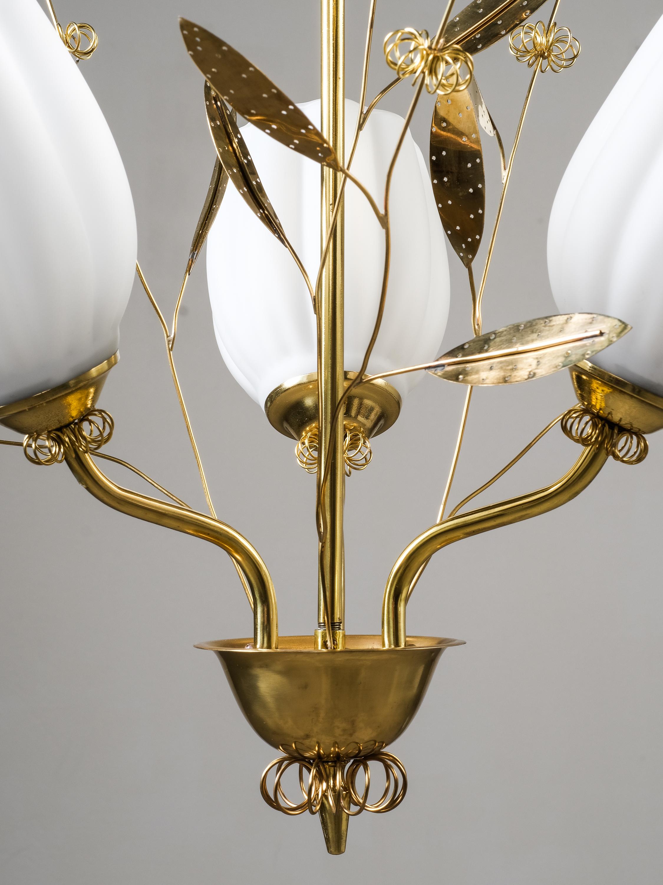 Brass and Glass Chandelier with Floral Details by Itsu, Finland, 1950s 10
