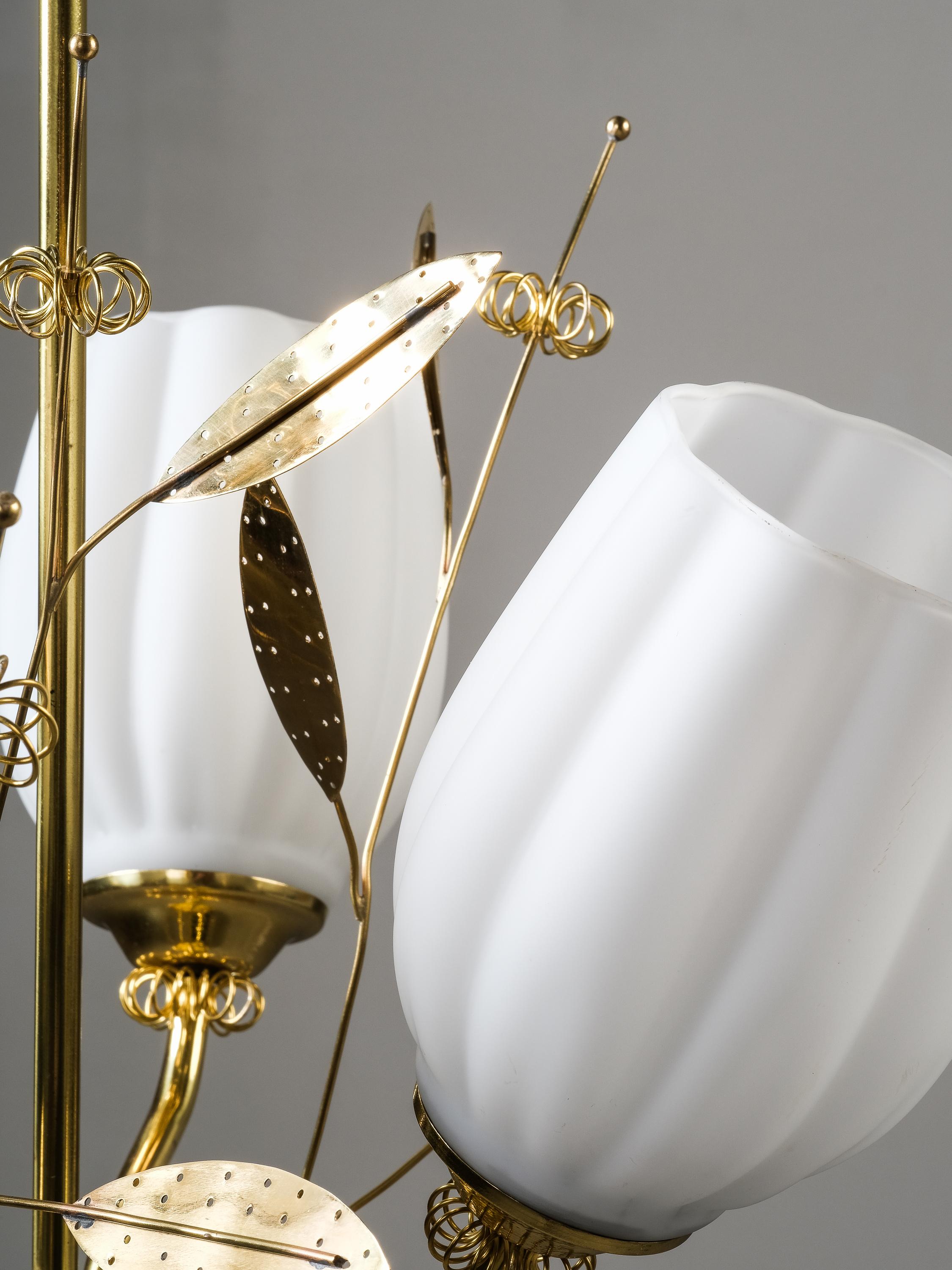 Brass and Glass Chandelier with Floral Details by Itsu, Finland, 1950s 11