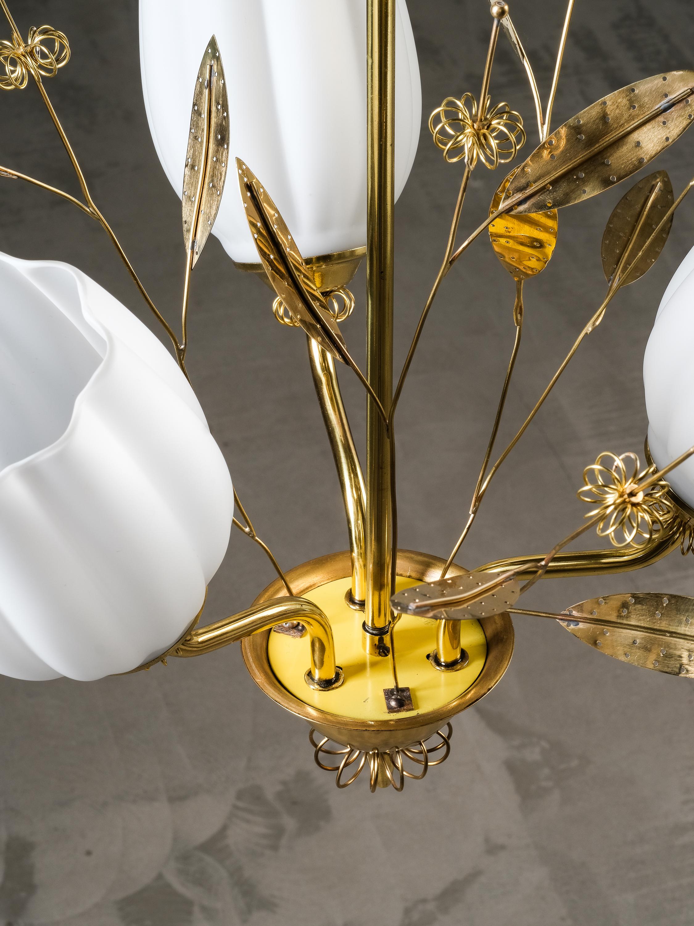 Brass and Glass Chandelier with Floral Details by Itsu, Finland, 1950s 13