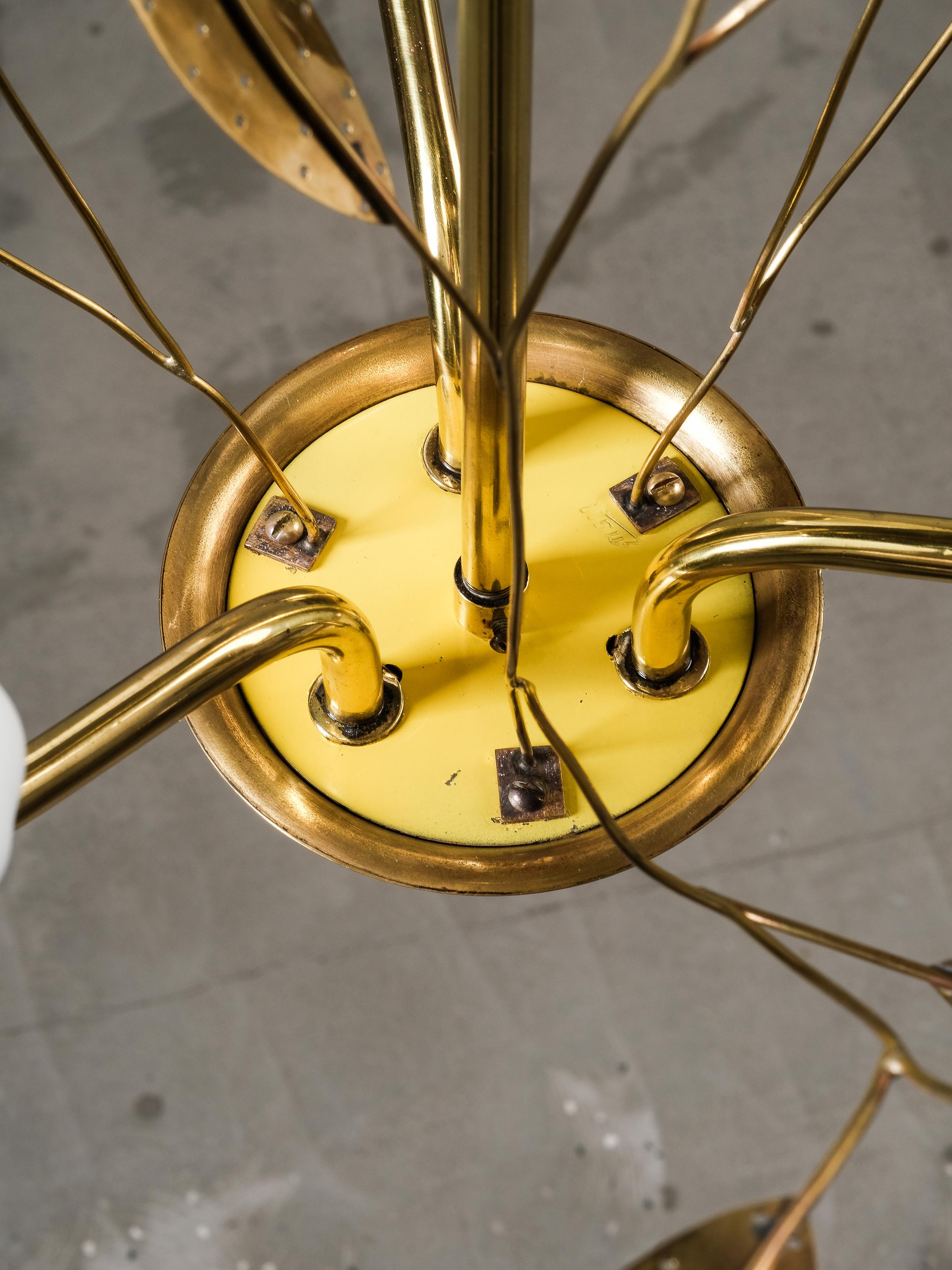 Brass and Glass Chandelier with Floral Details by Itsu, Finland, 1950s 14