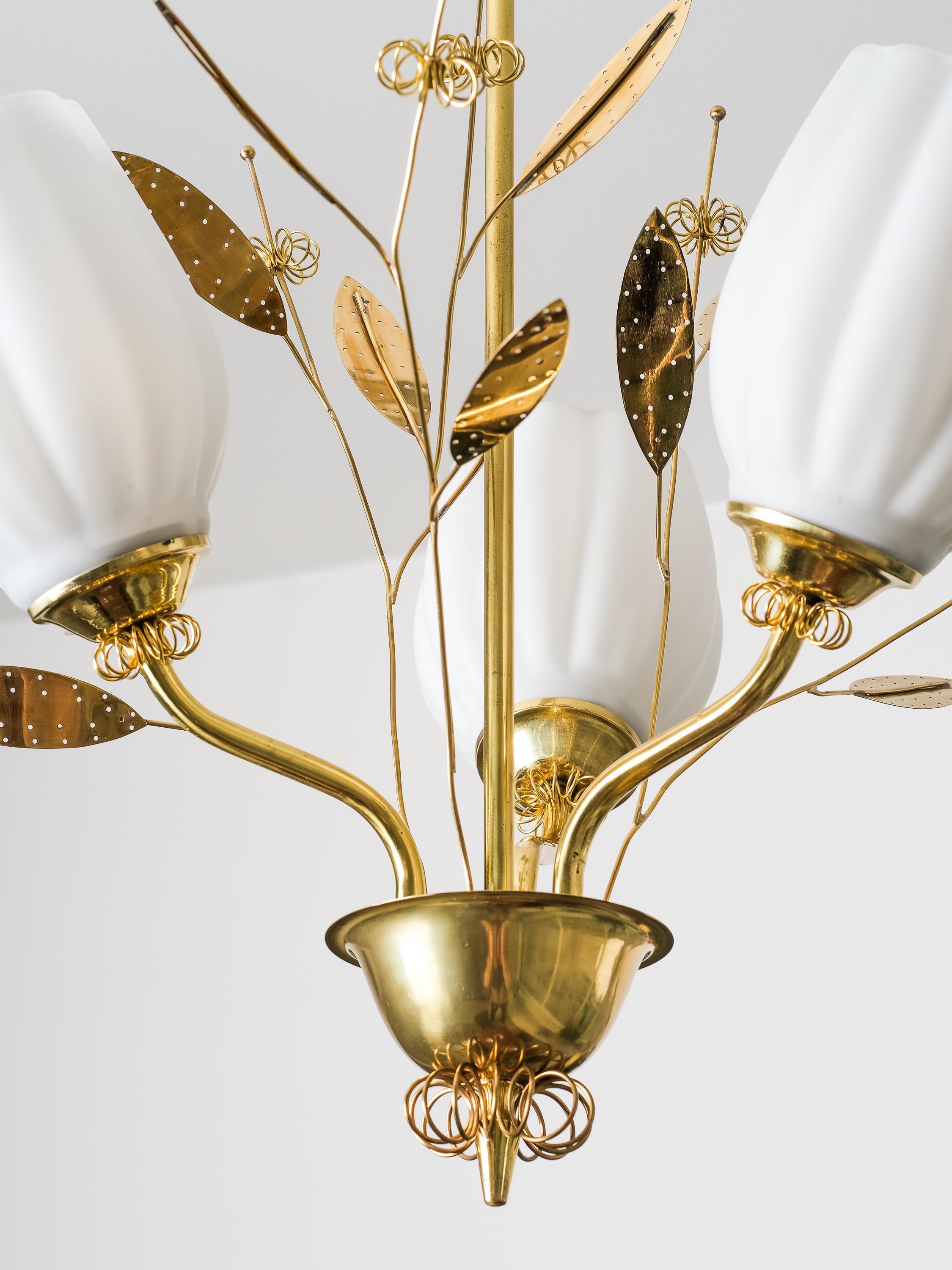 Finnish Brass and Glass Chandelier with Floral Details by Itsu, Finland, 1950s