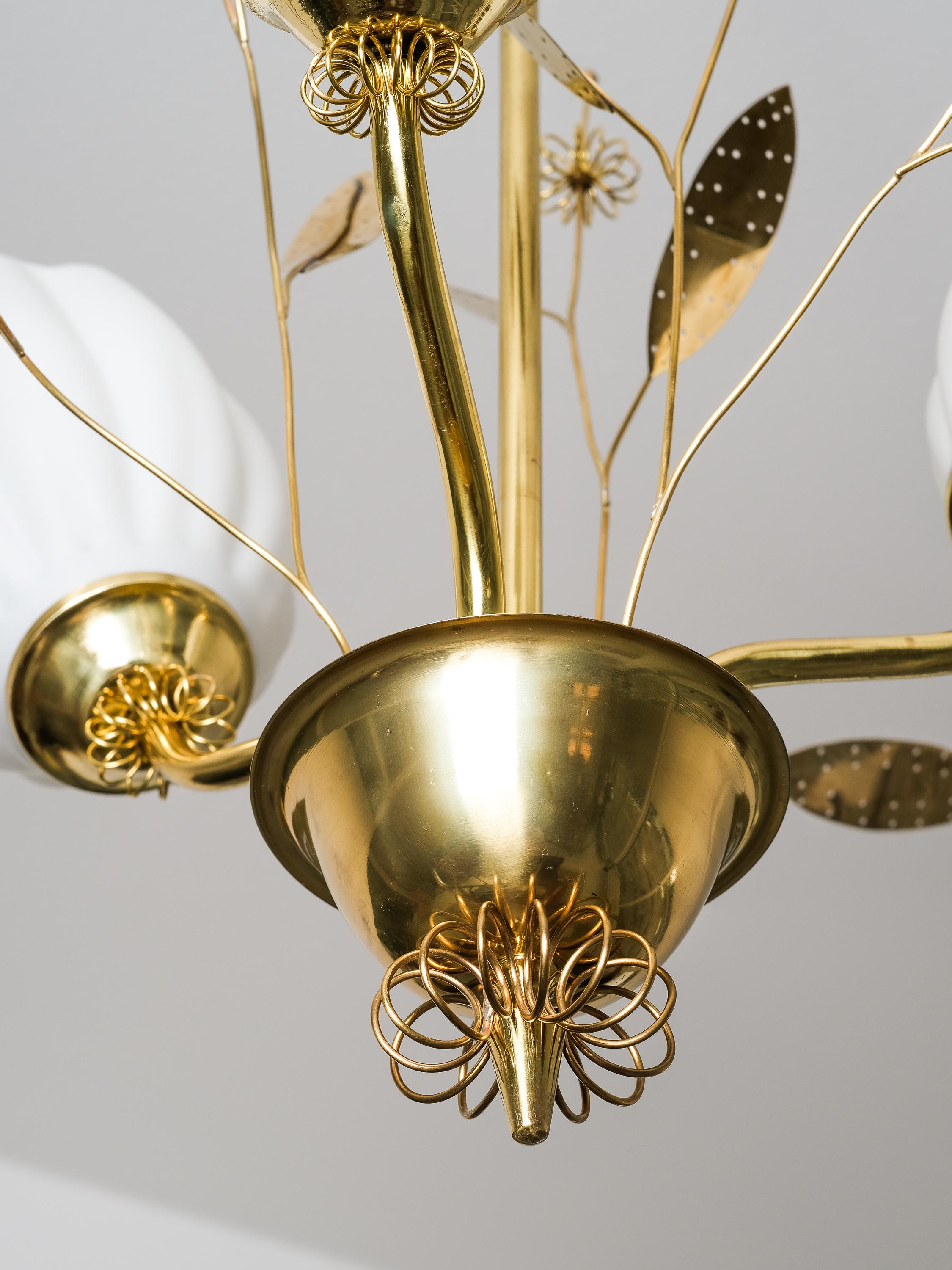 Brass and Glass Chandelier with Floral Details by Itsu, Finland, 1950s 1