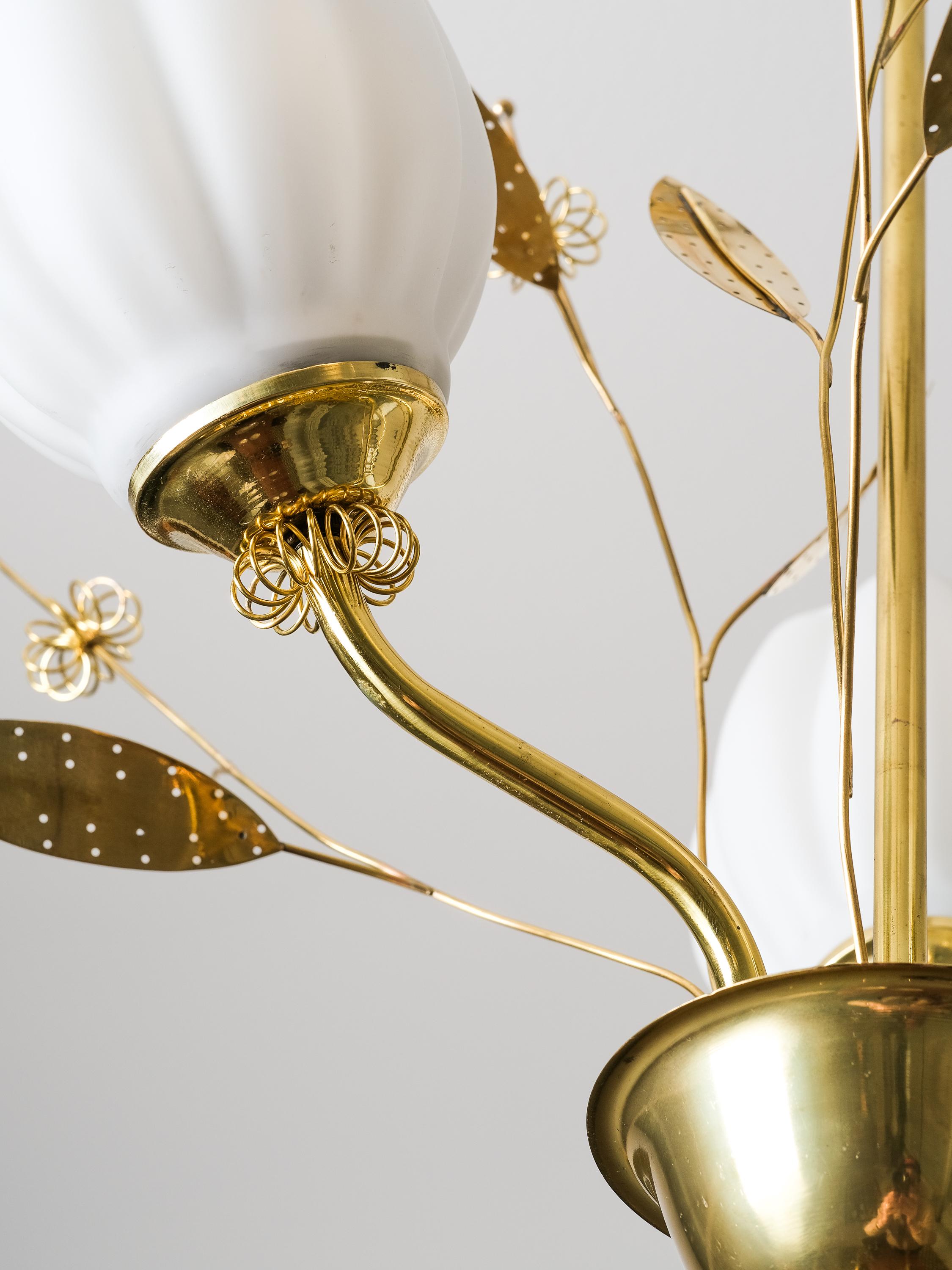 Brass and Glass Chandelier with Floral Details by Itsu, Finland, 1950s 2