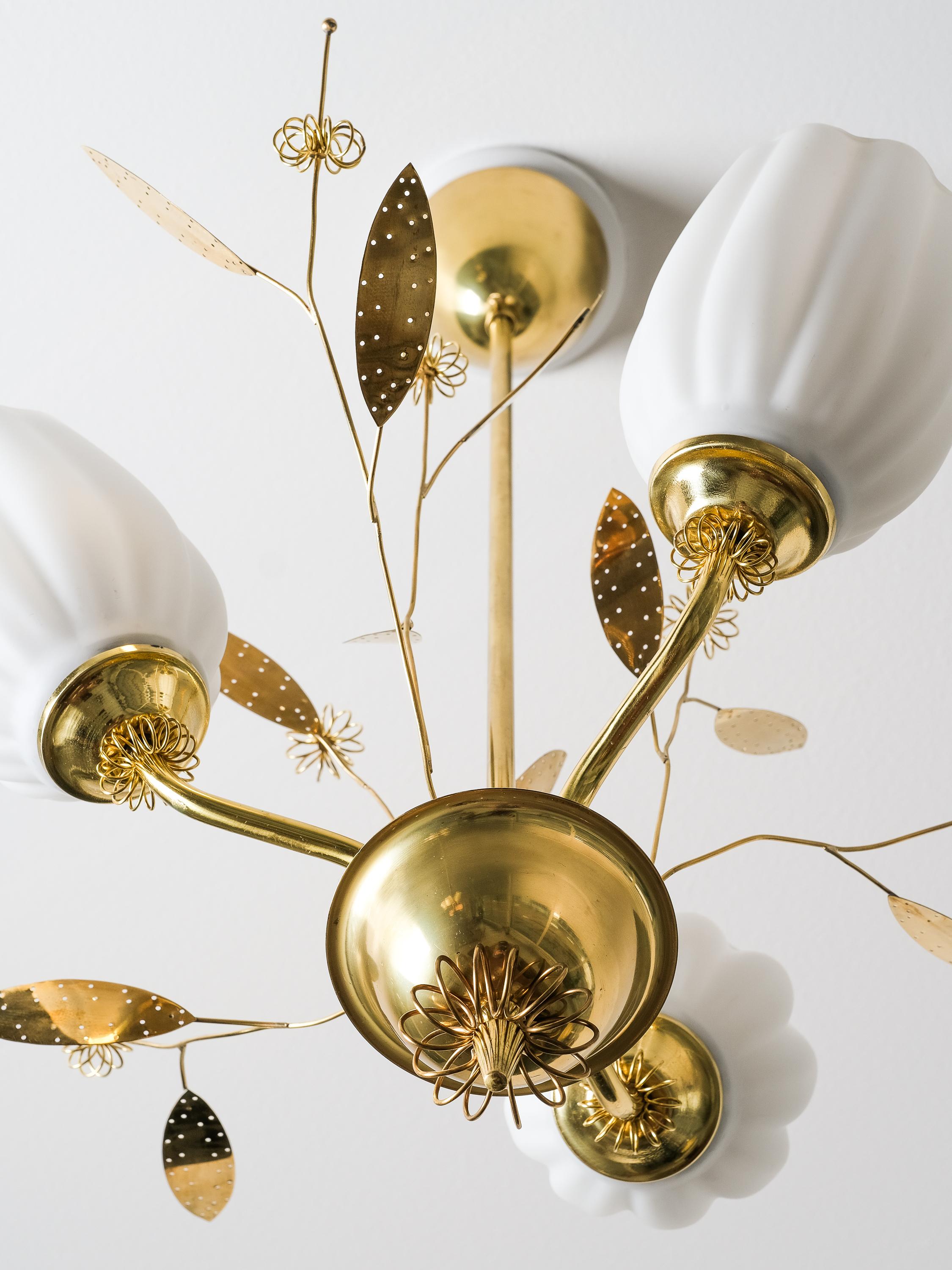 Brass and Glass Chandelier with Floral Details by Itsu, Finland, 1950s 3