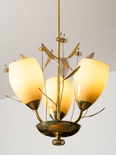 Brass and Glass Chandelier with Floral Details by Sievä, Finland, 1950s