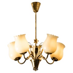 Brass and Glass Chandelier with Floral Details by Sievä, Finland, 1950s Brass and Glass Chandelier with Floral Details by Sievä, Finland, 1950s