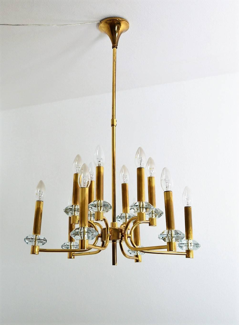 Brass and Glass Chandelier with Twelve Lights by Kaiser Leuchten, 1970s 3