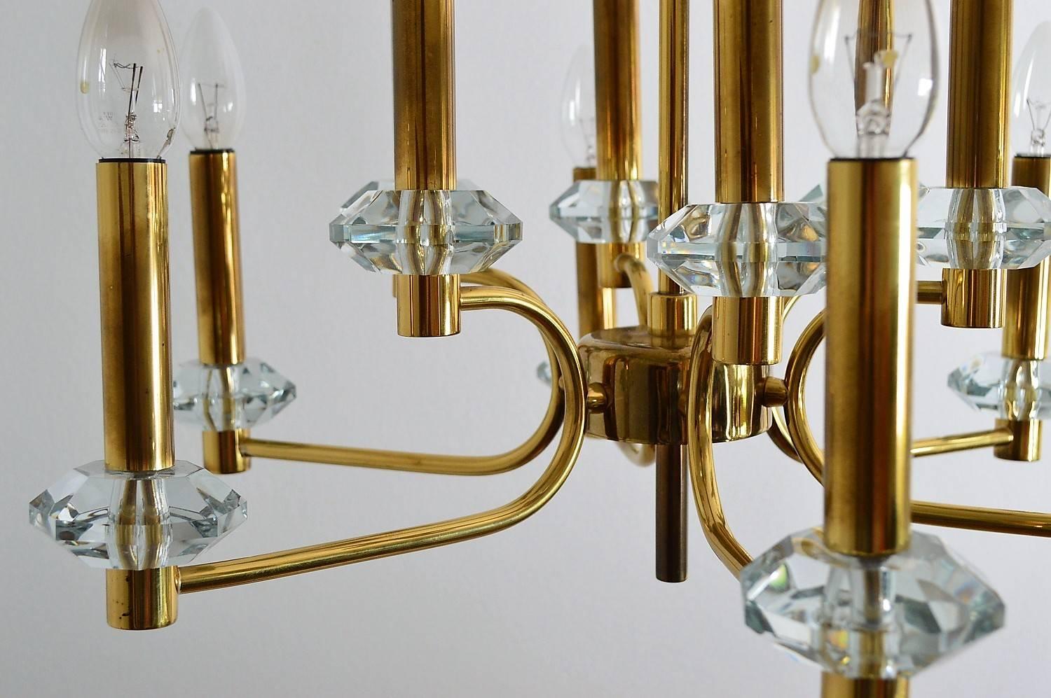 Hollywood Regency Brass and Glass Chandelier with Twelve Lights by Kaiser Leuchten, 1970s