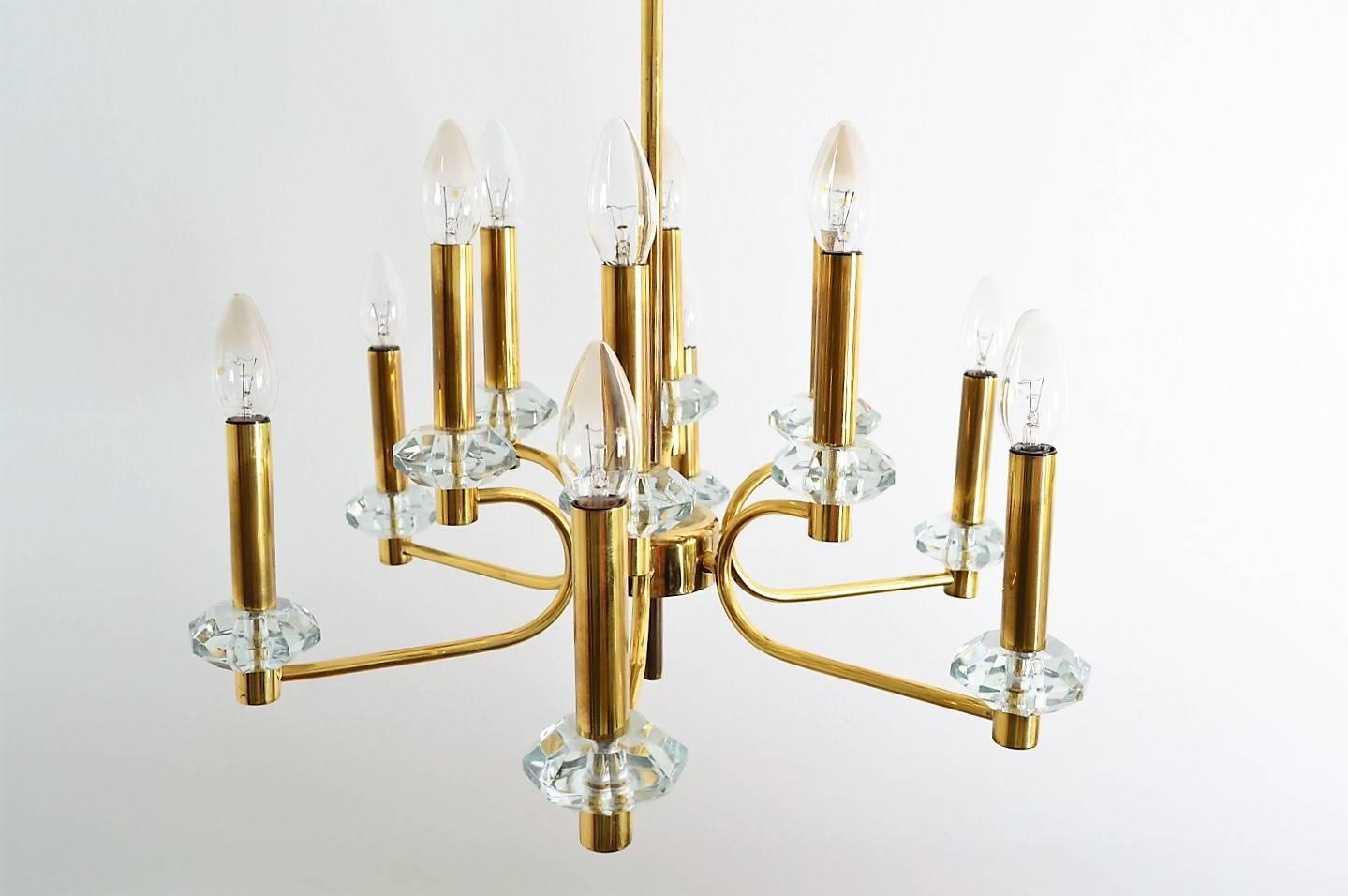 20th Century Brass and Glass Chandelier with Twelve Lights by Kaiser Leuchten, 1970s