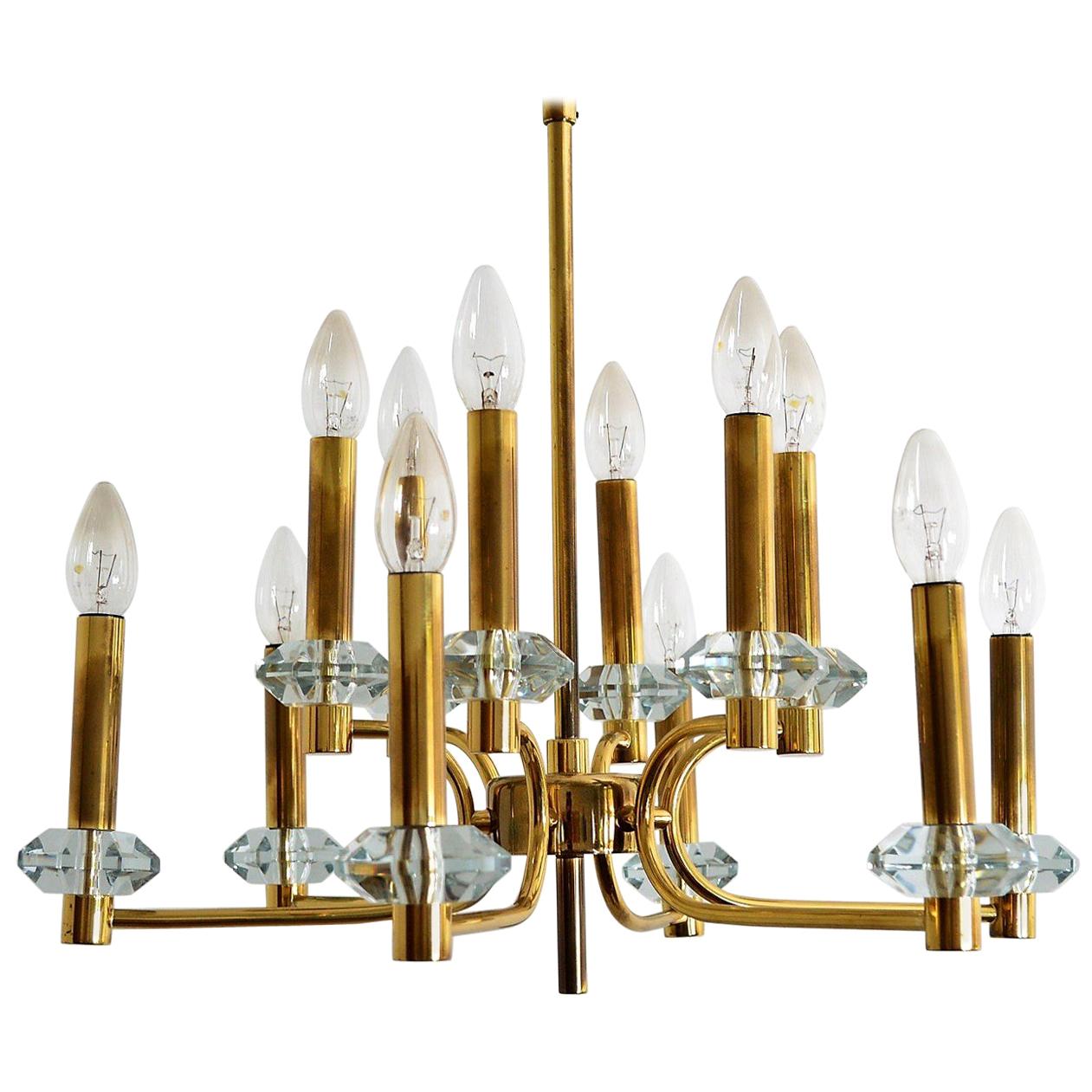 Brass and Glass Chandelier with Twelve Lights by Kaiser Leuchten, 1970s