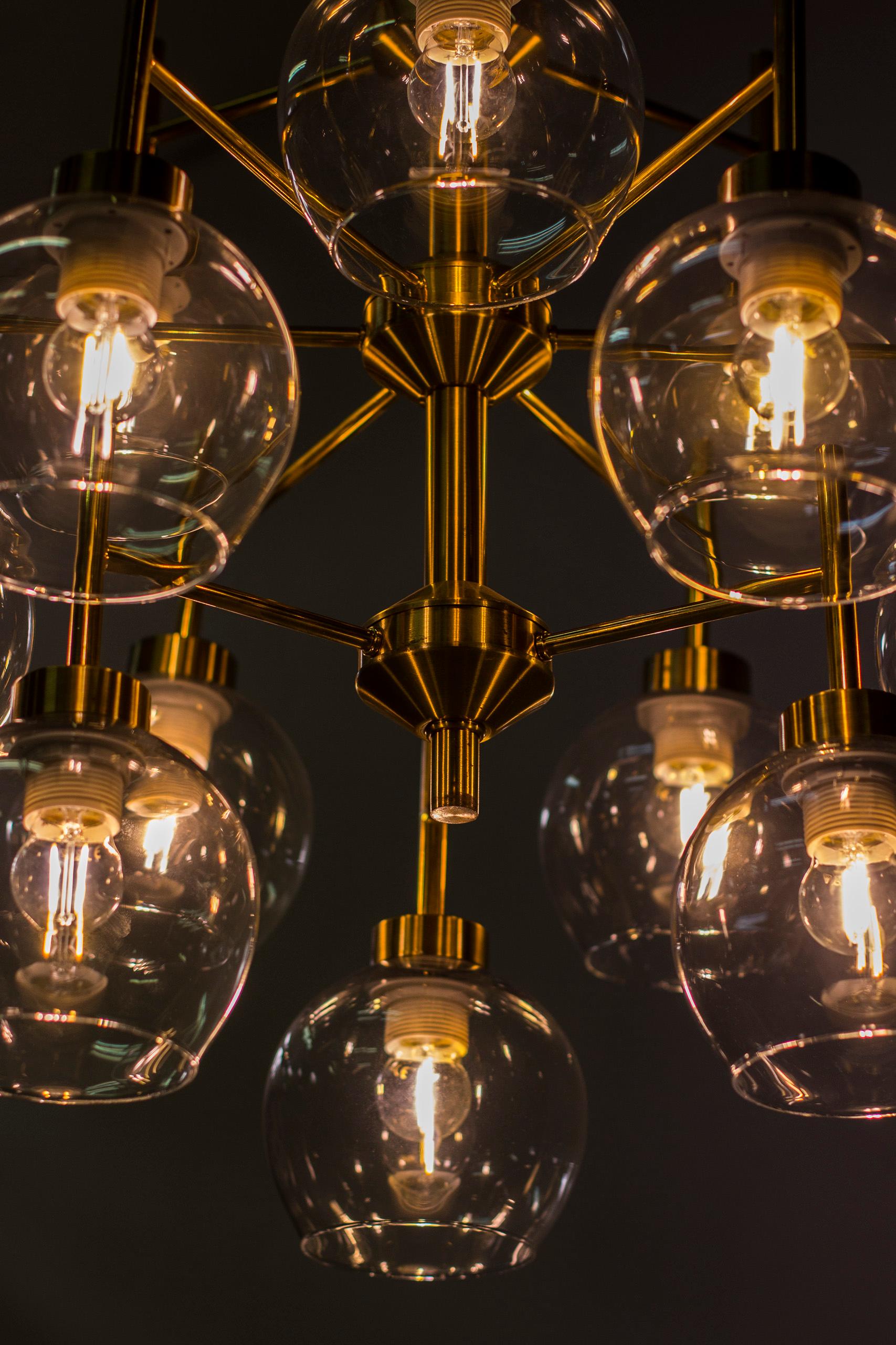 Brass and Glass Chandeliers by Holger Johansson for Westal, Sweden, 1960s  In Good Condition In Hägersten, SE
