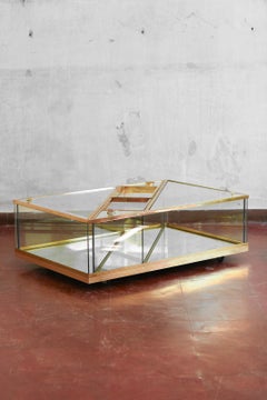 Brass and glass coffee table with invisible wheels and removable tray, 1970