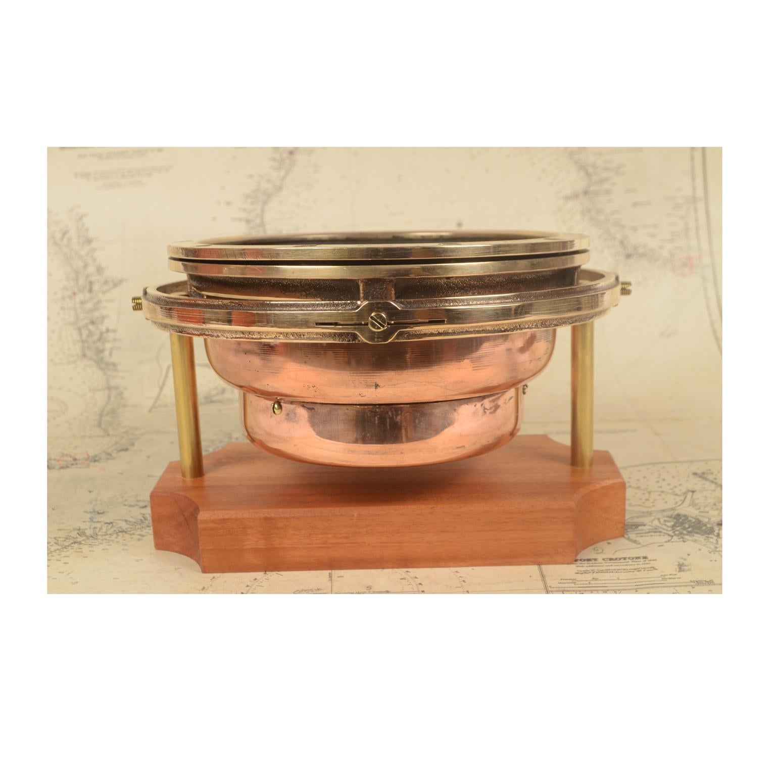 Mid-20th Century 1940s Brass Antique Nautical Magnetic Compass US Made Mounted on Mahogany Board