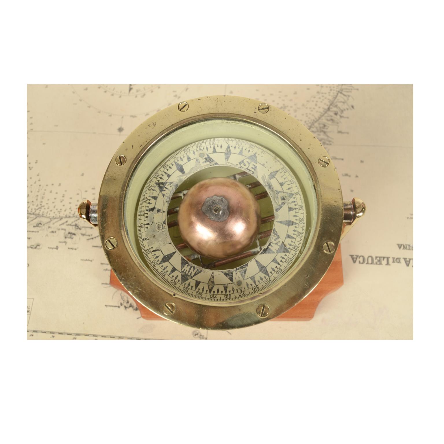 British End 19th Century  Antique Brass Nautical Magnetic Compass on a Mahogany Board