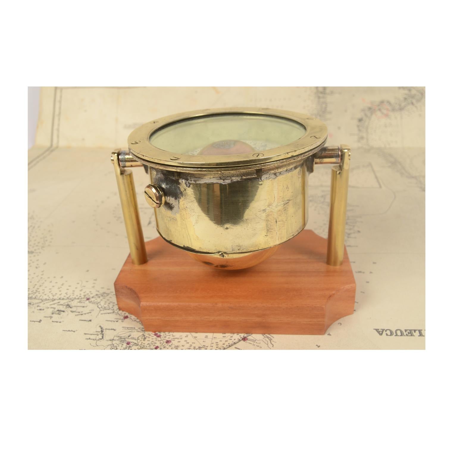 Late 19th Century End 19th Century  Antique Brass Nautical Magnetic Compass on a Mahogany Board